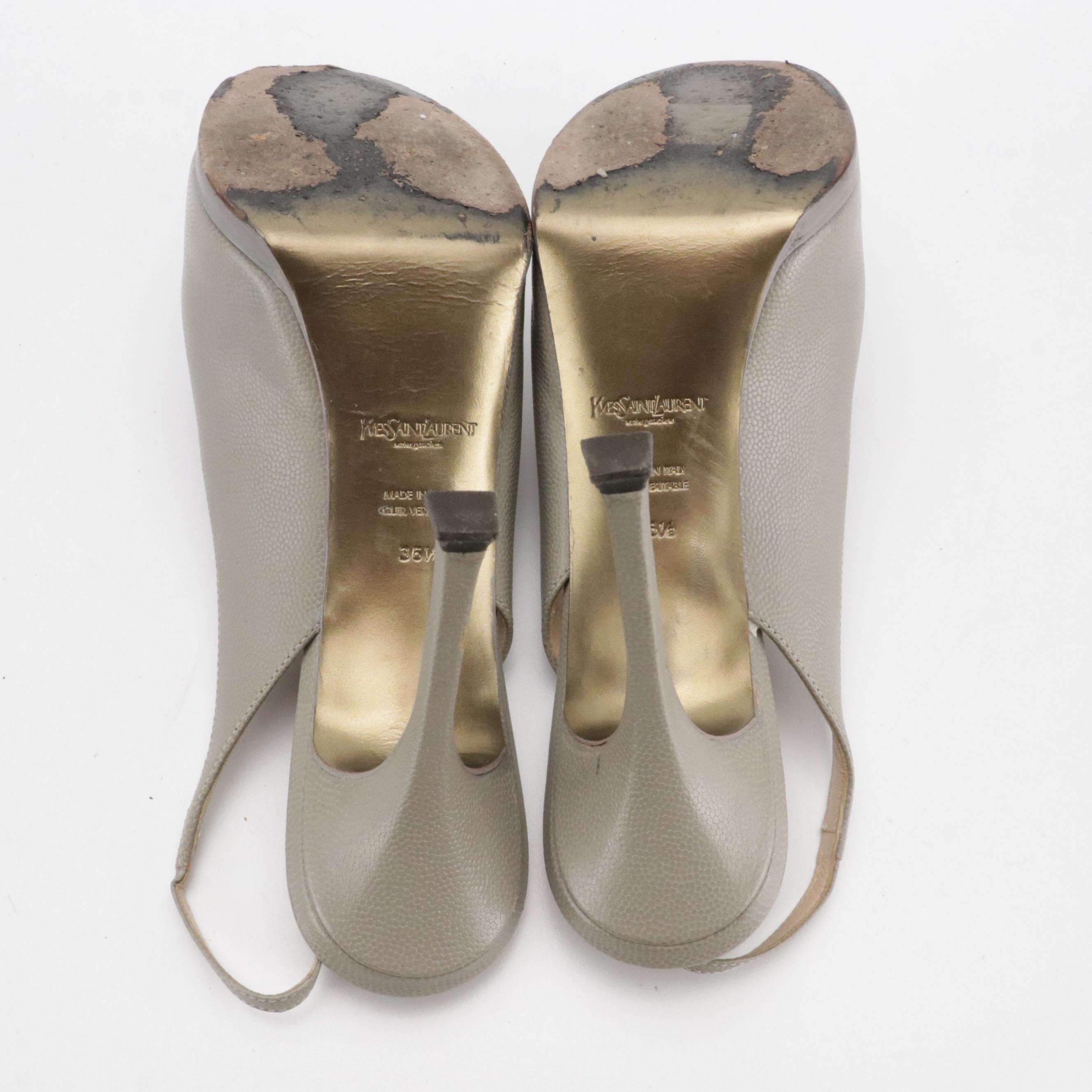 Yves Saint Laurent Platform Slingback Pumps in Light Grey Pebbled Leather