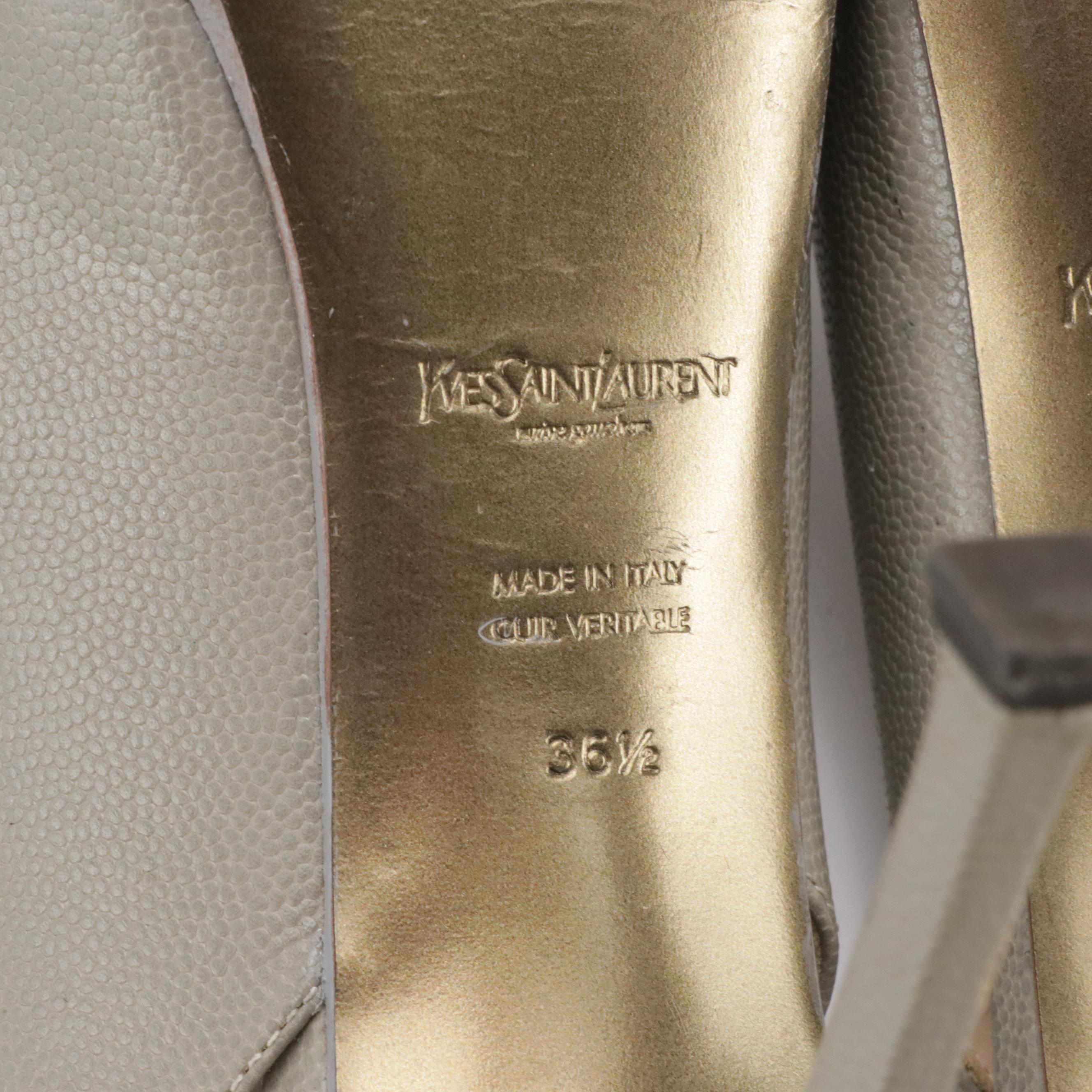 Yves Saint Laurent Platform Slingback Pumps in Light Grey Pebbled Leather