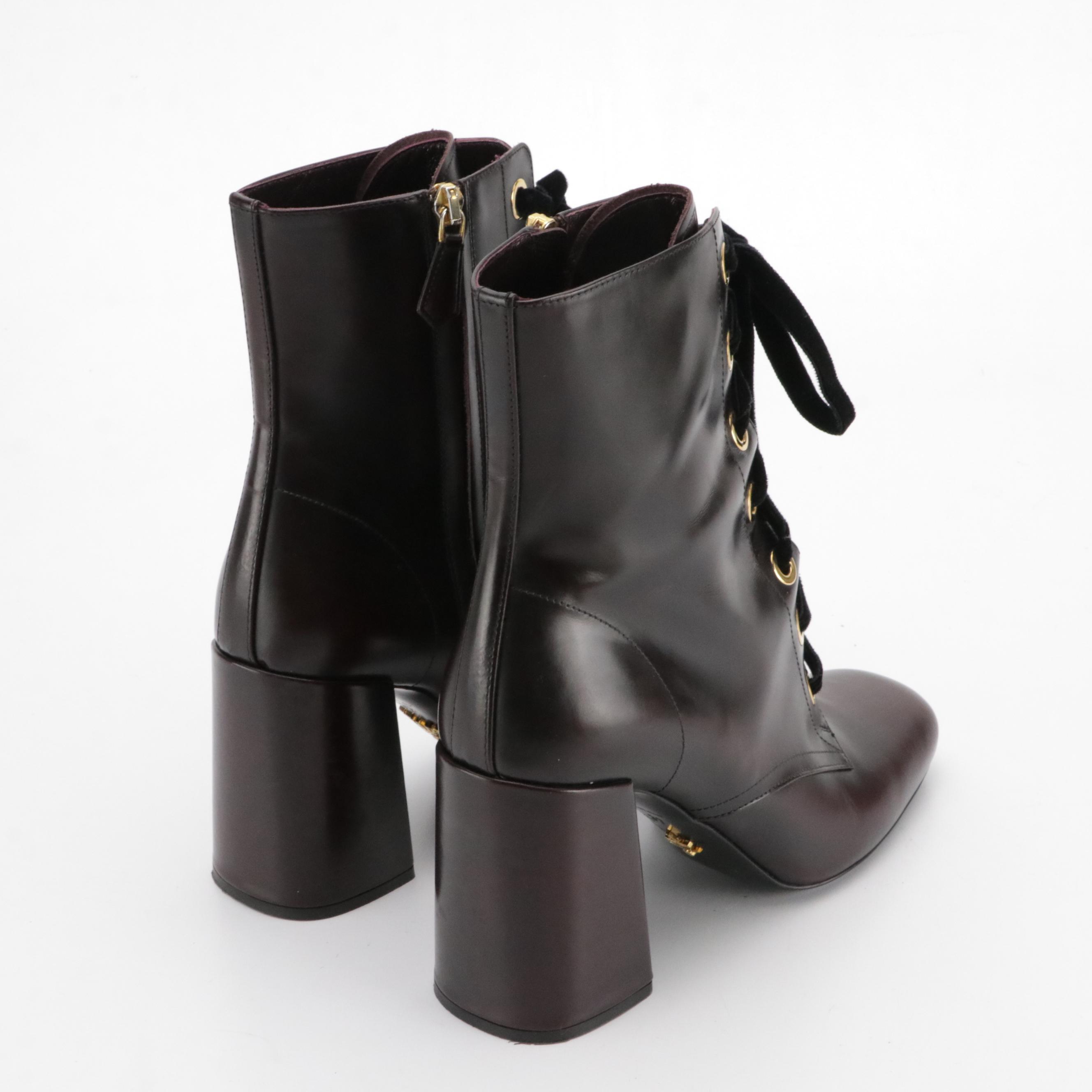Prada Velvet Lace-Up Ankle Boots in Deep Burgundy Calfskin Leather