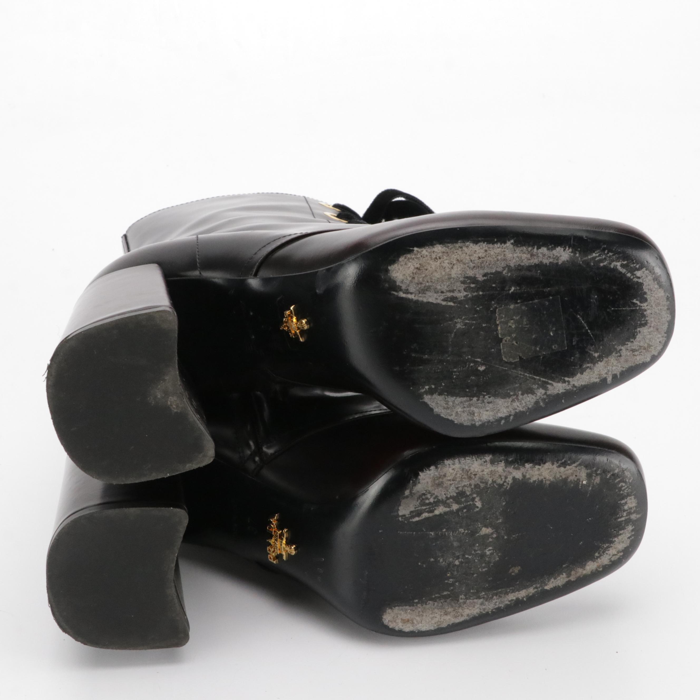 Prada Velvet Lace-Up Ankle Boots in Deep Burgundy Calfskin Leather