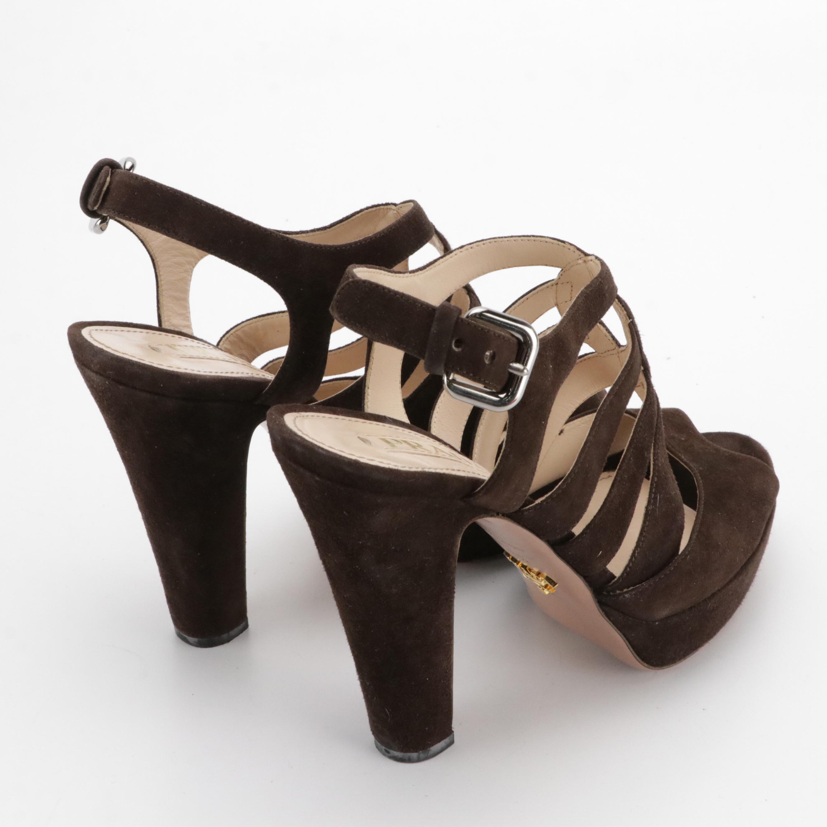 Prada Strappy High-Heeled Sandals in Chocolate Brown Suede