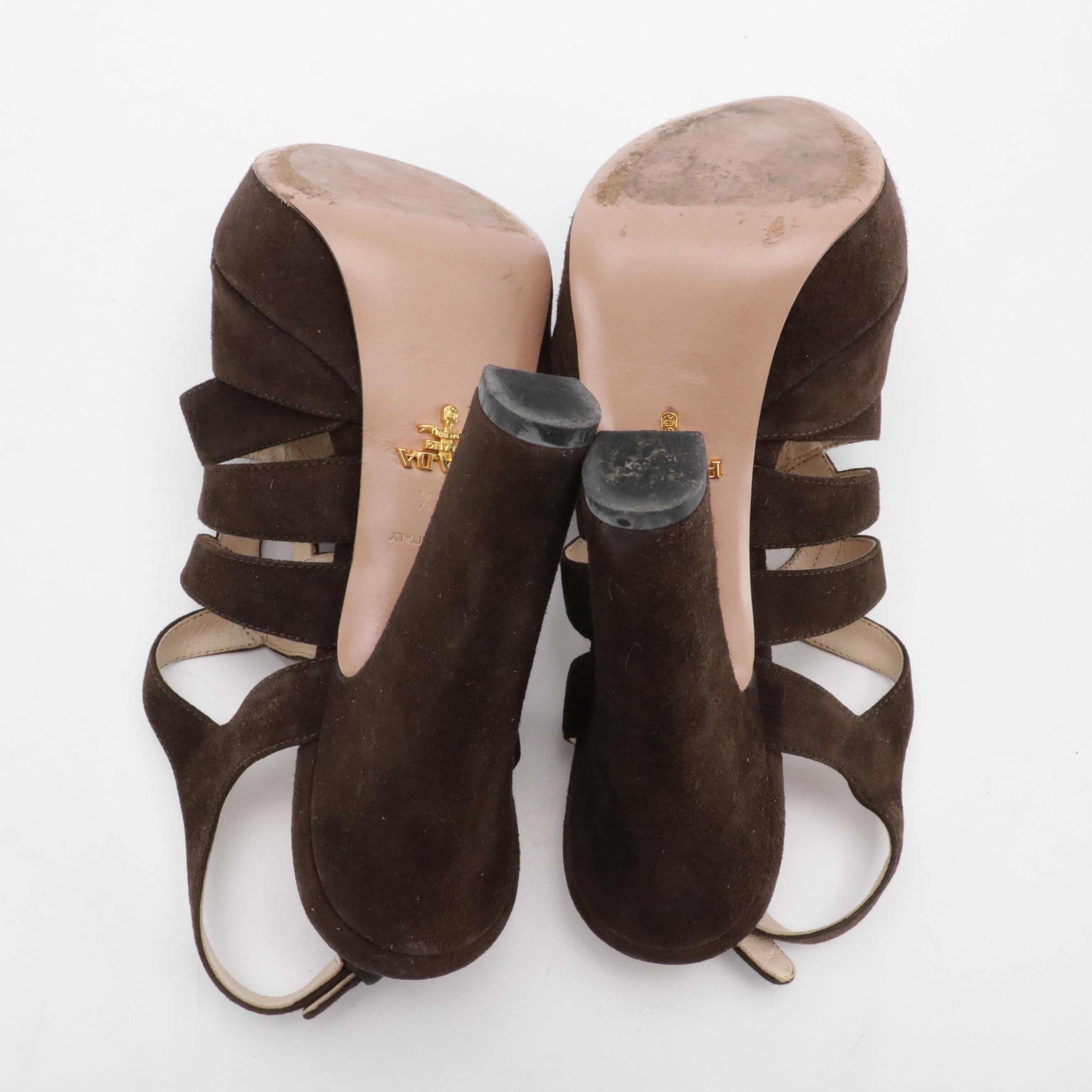 Prada Strappy High-Heeled Sandals in Chocolate Brown Suede