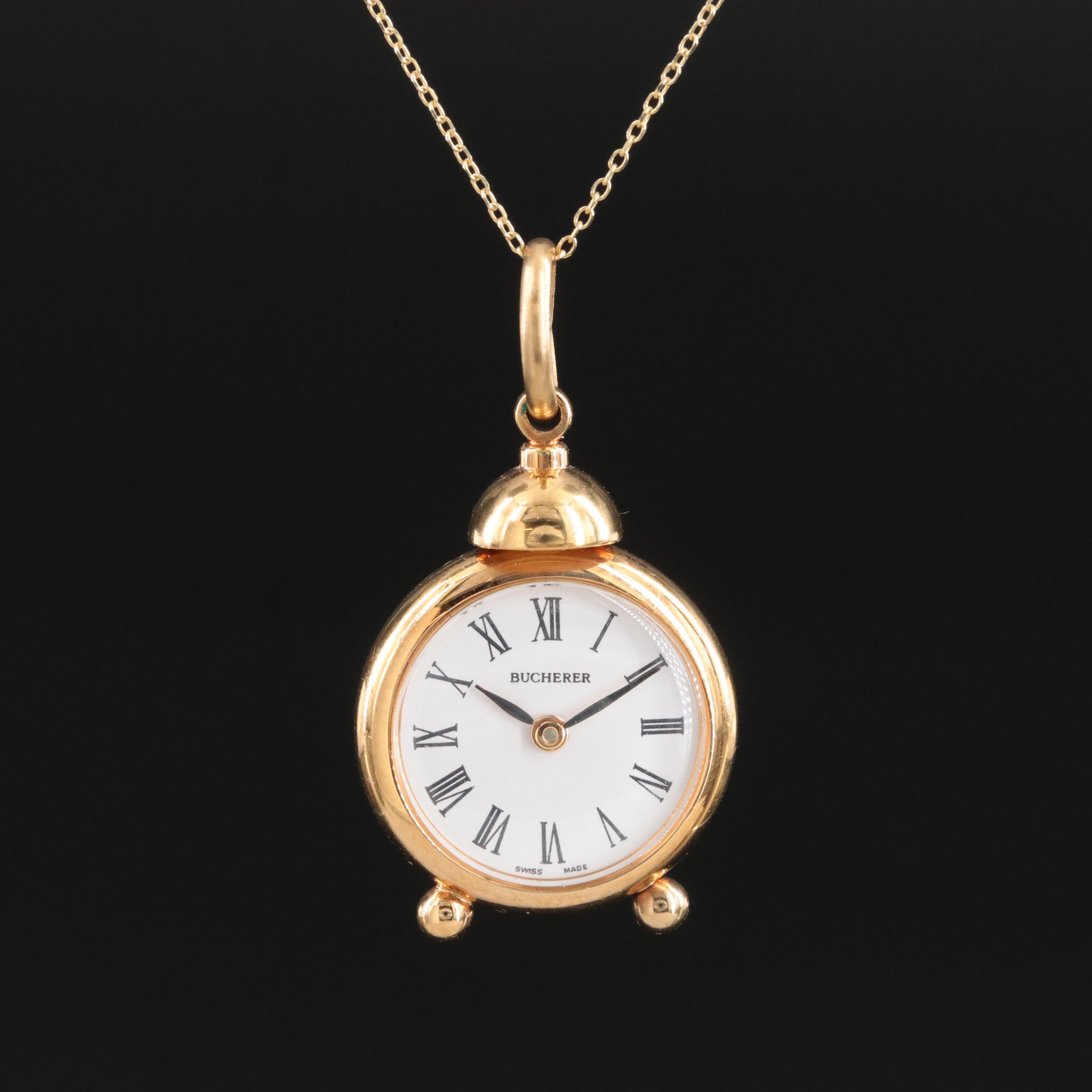 Bucherer Gold-Tone and Enamel Alarm Clock Pendant Watch with 14K Chain