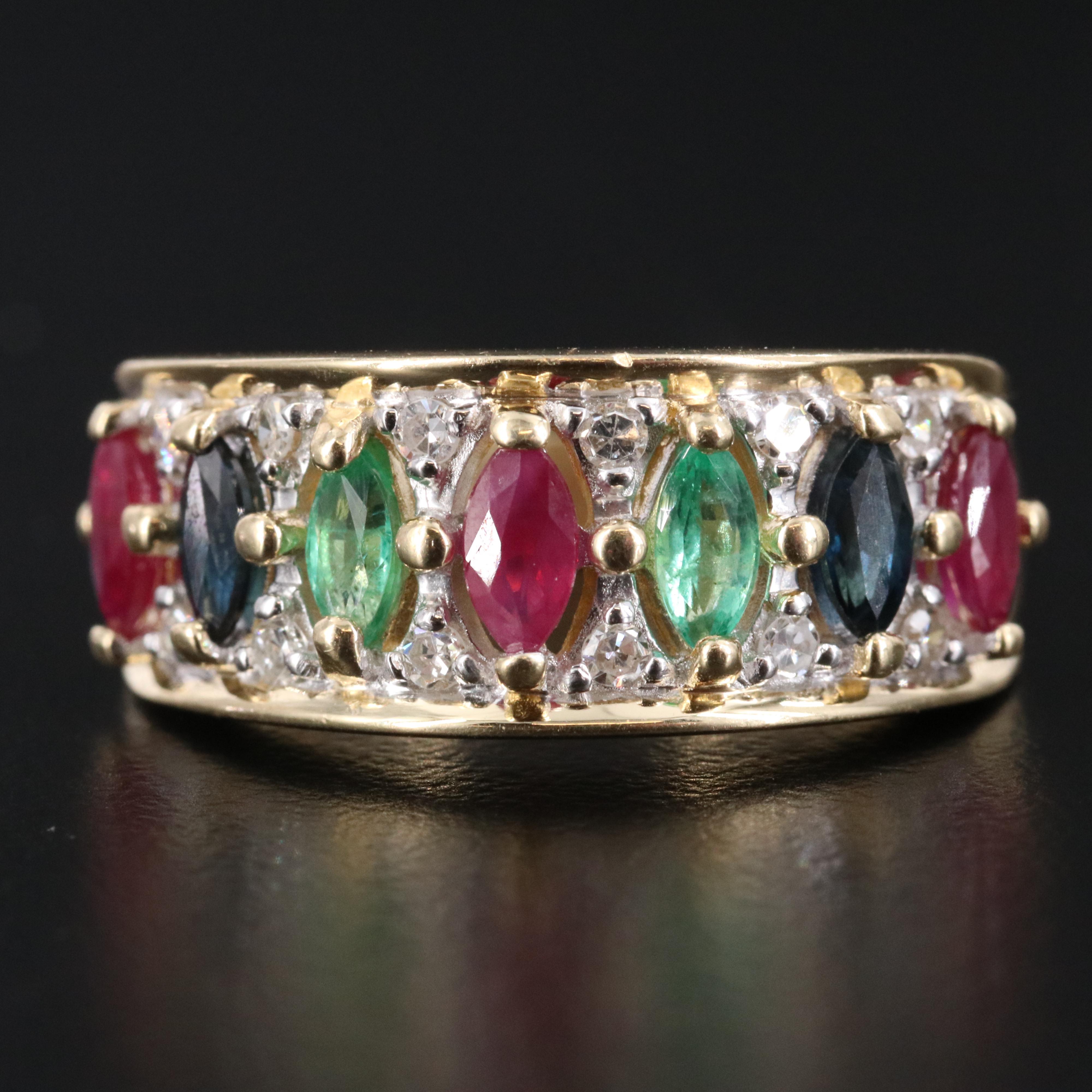 14K Ruby, Emerald, Sapphire and Diamond Ring