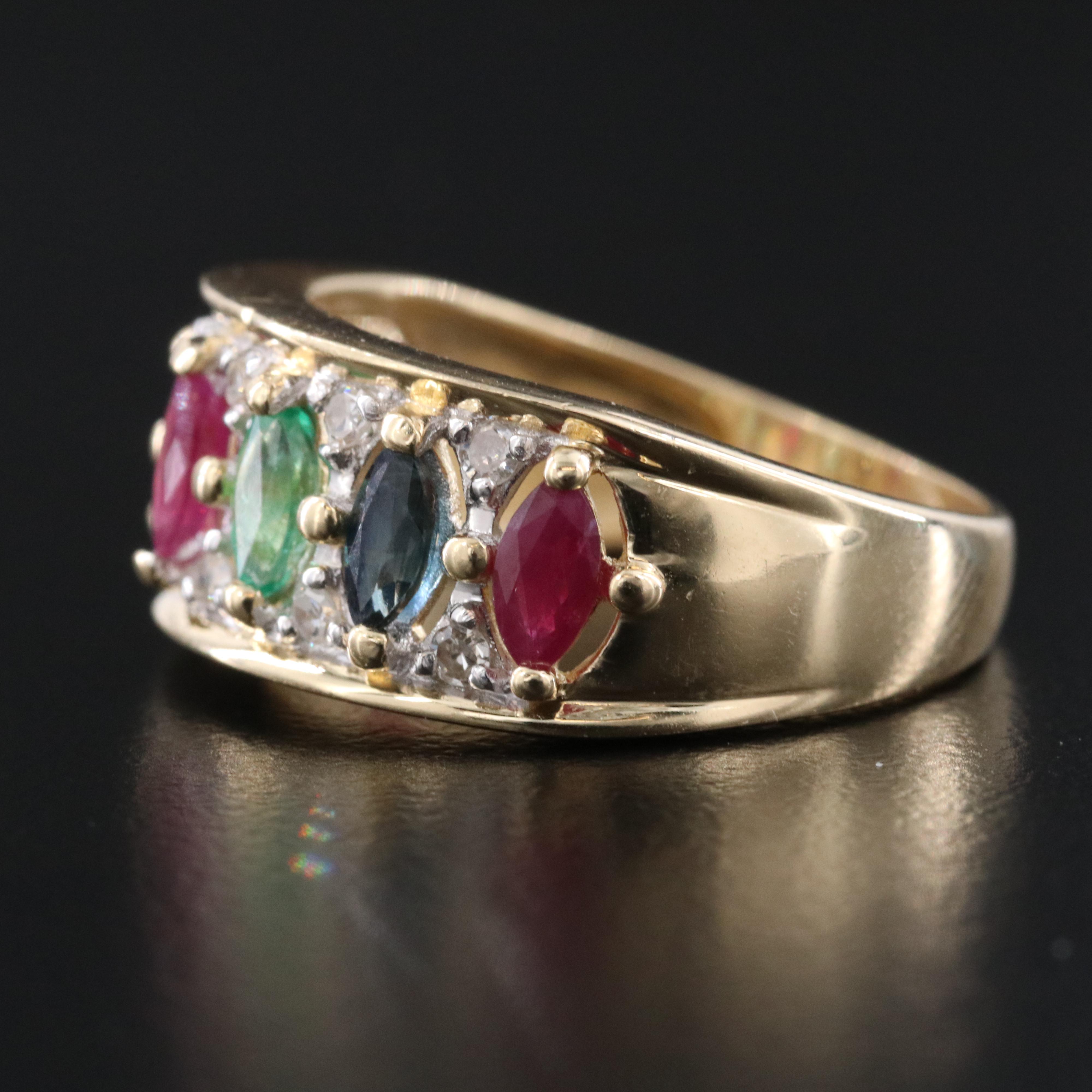 14K Ruby, Emerald, Sapphire and Diamond Ring