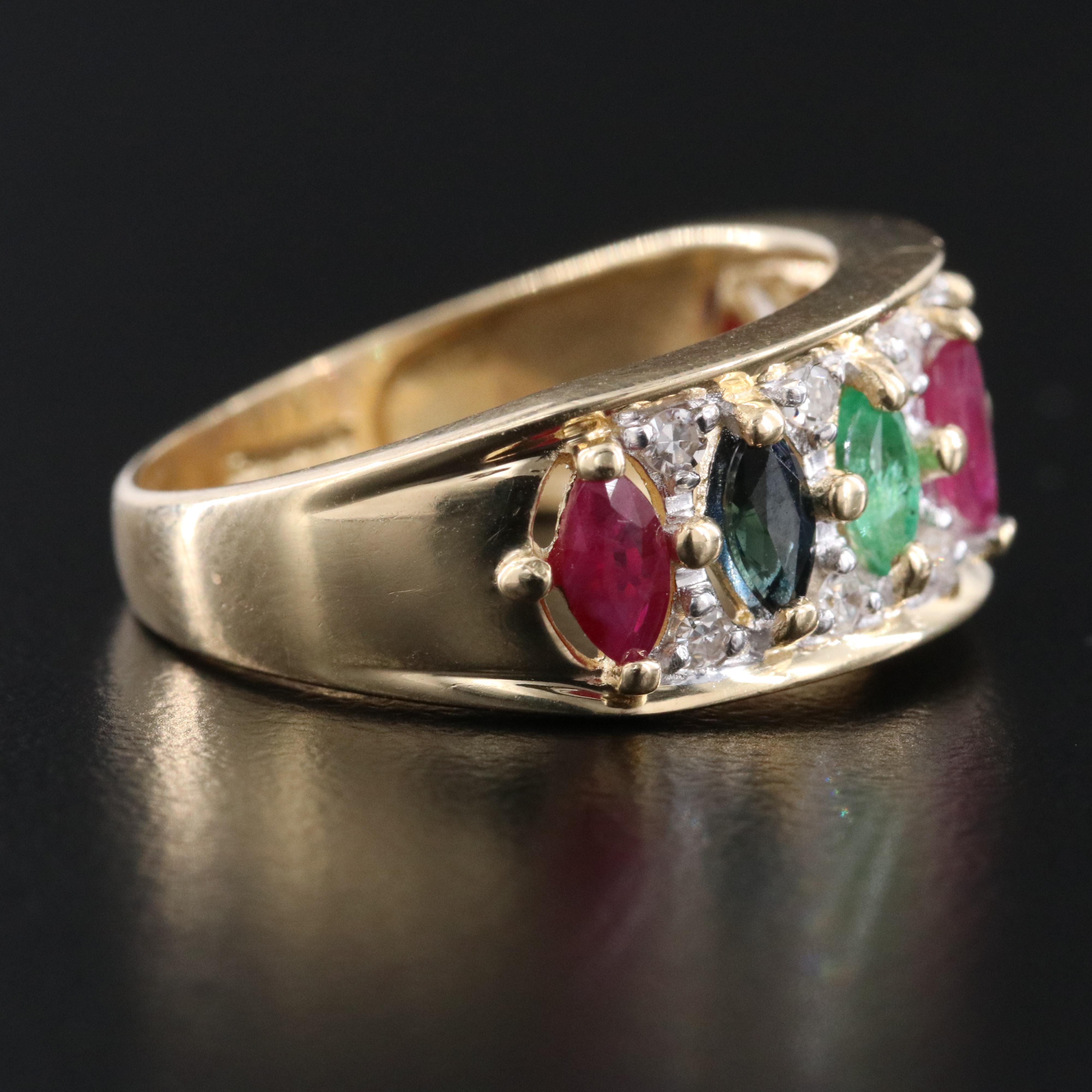 14K Ruby, Emerald, Sapphire and Diamond Ring