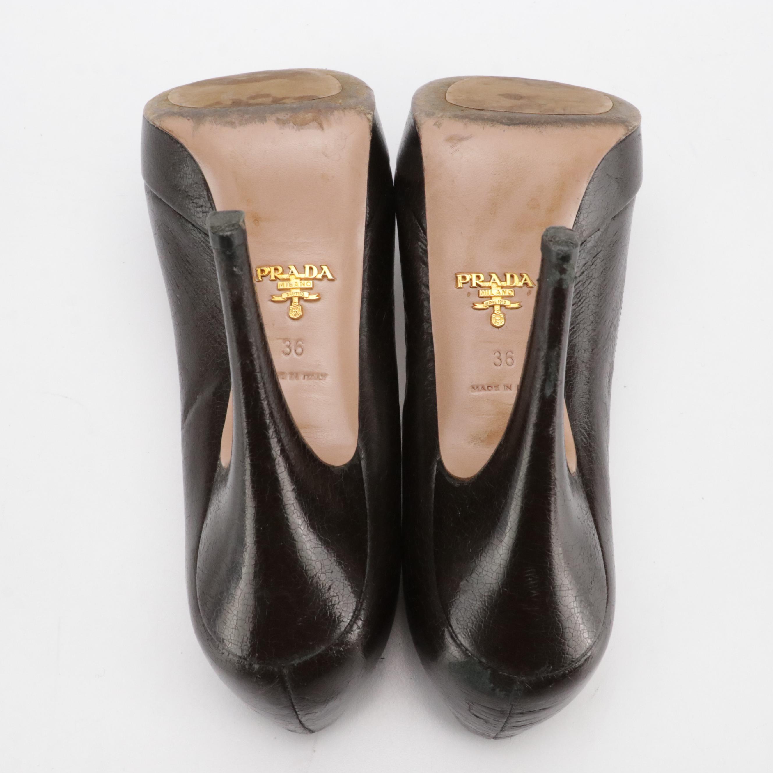 Prada Platform Peep-Toe Pumps Shoes in Shiny Chocolate Brown Leather