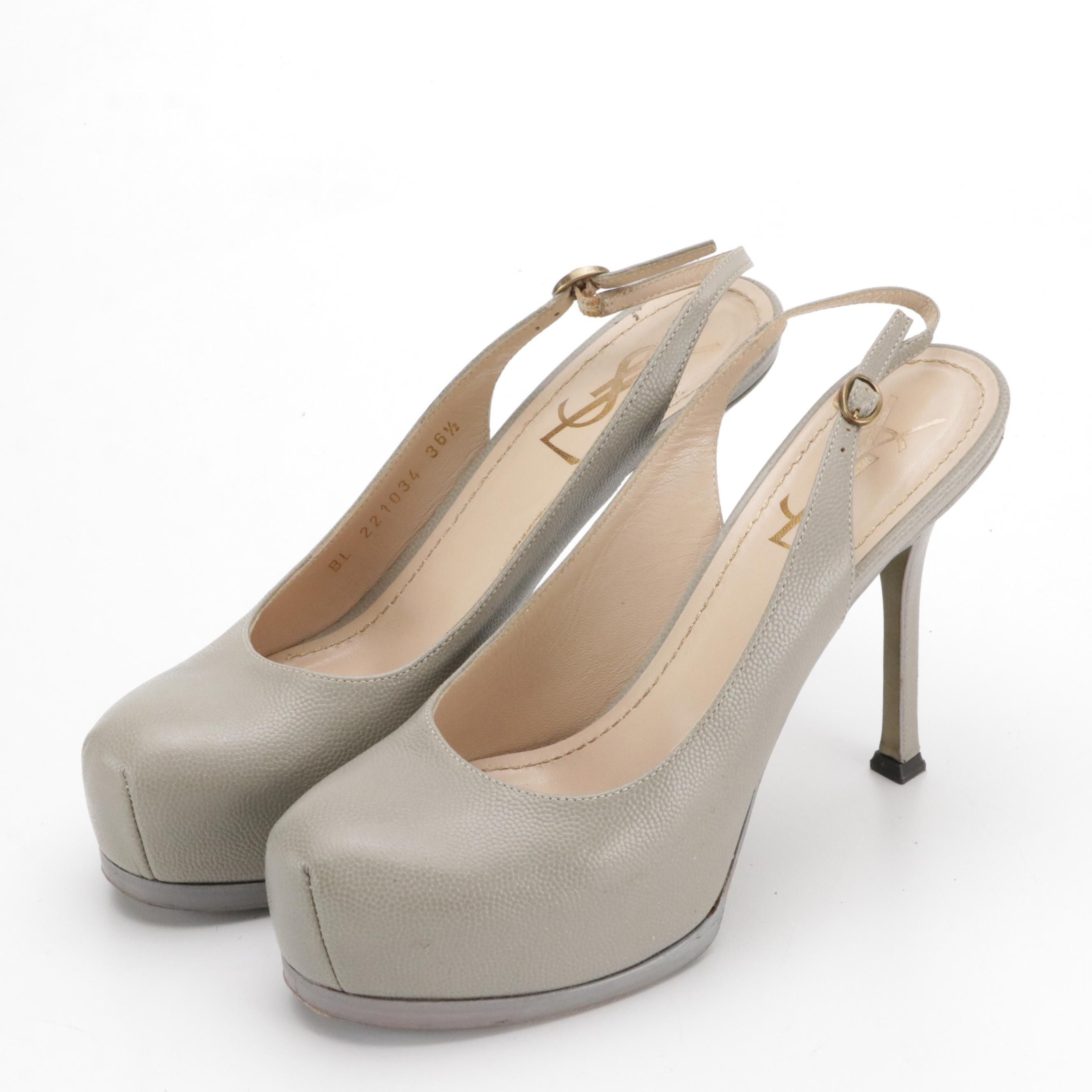 Yves Saint Laurent Platform Slingback Pumps in Light Grey Pebbled Leather