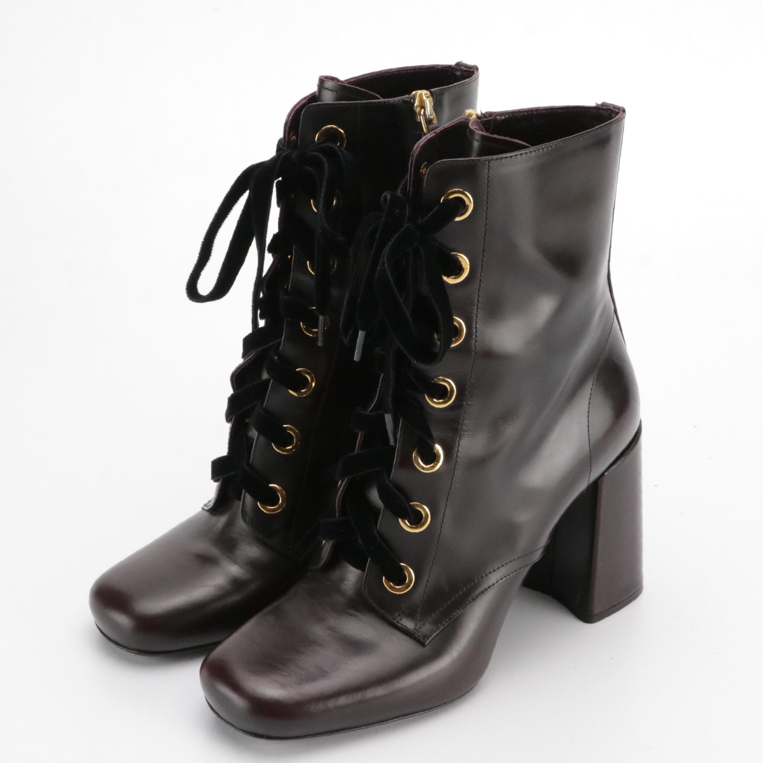 Prada Velvet Lace-Up Ankle Boots in Deep Burgundy Calfskin Leather