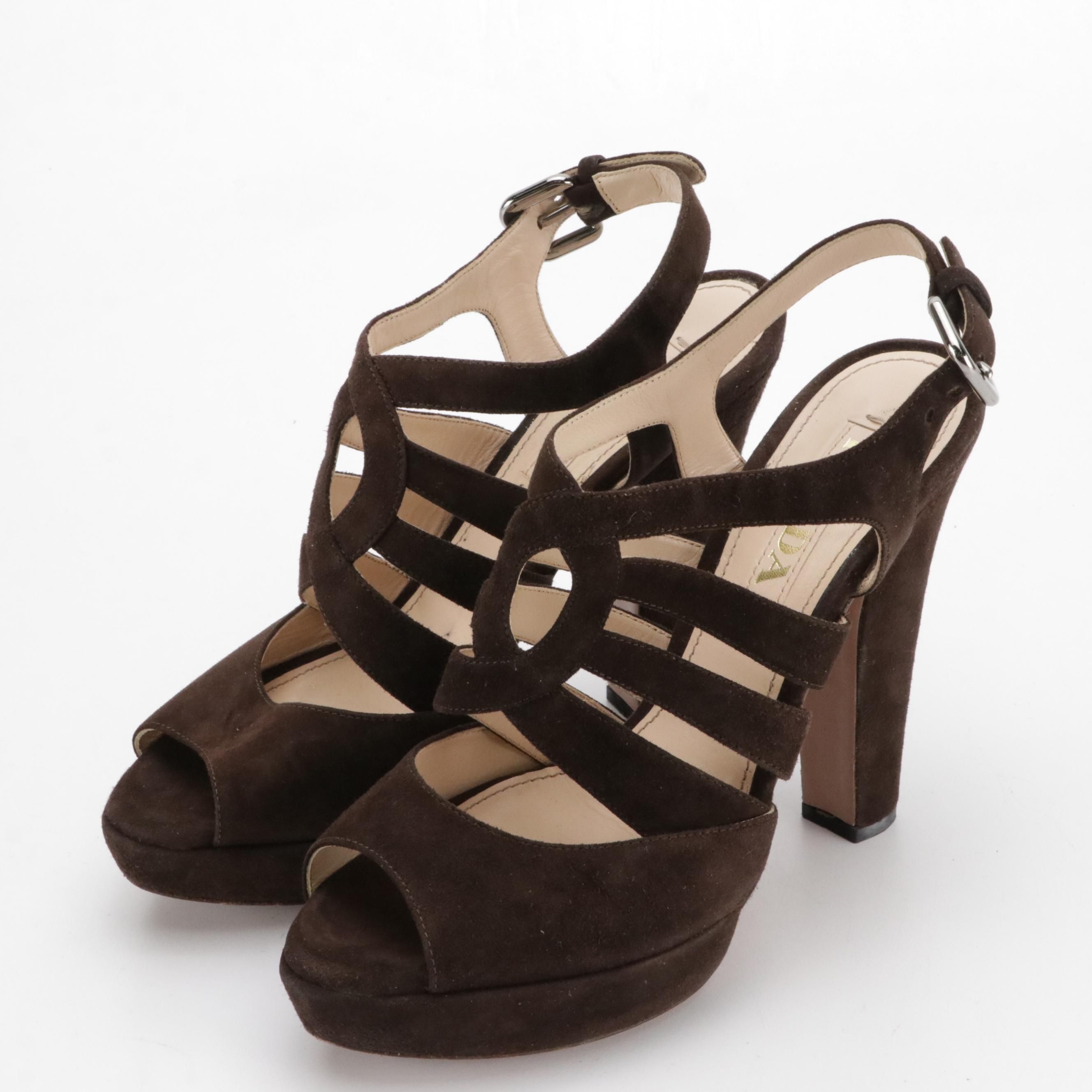 Prada Strappy High-Heeled Sandals in Chocolate Brown Suede