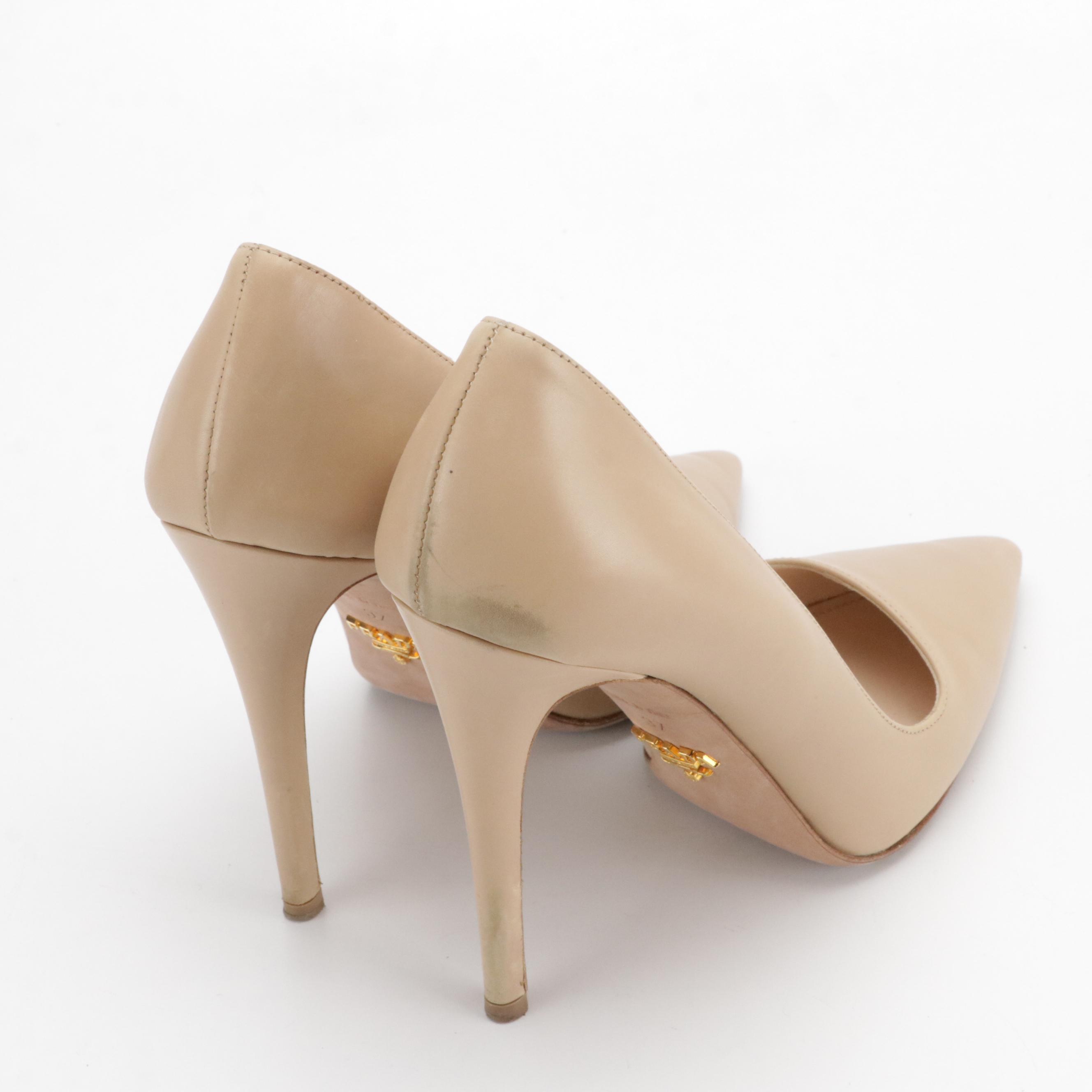 Prada Pointed-Toe Pumps Shoes in Smooth Beige Calfskin Leather