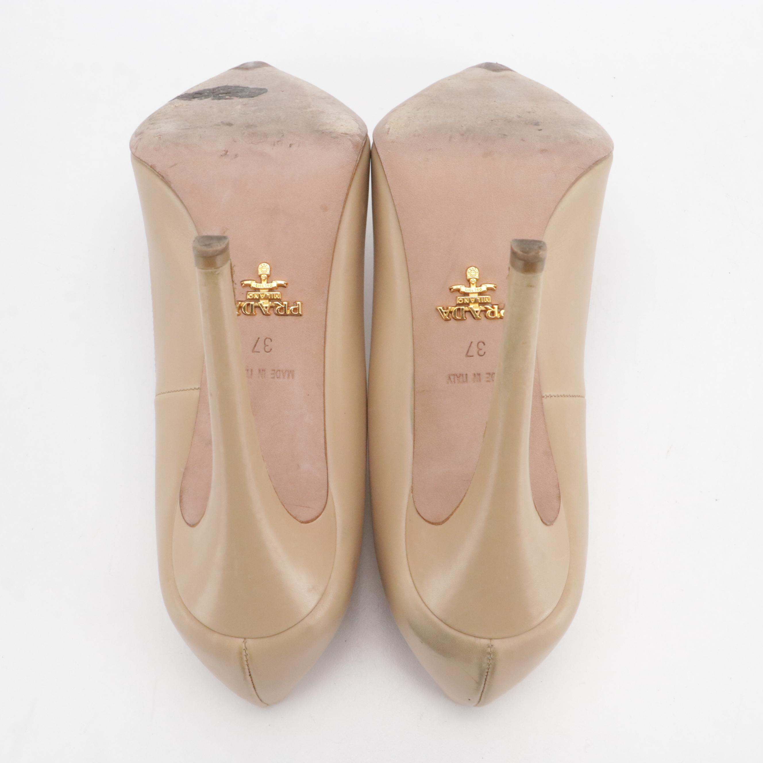 Prada Pointed-Toe Pumps Shoes in Smooth Beige Calfskin Leather