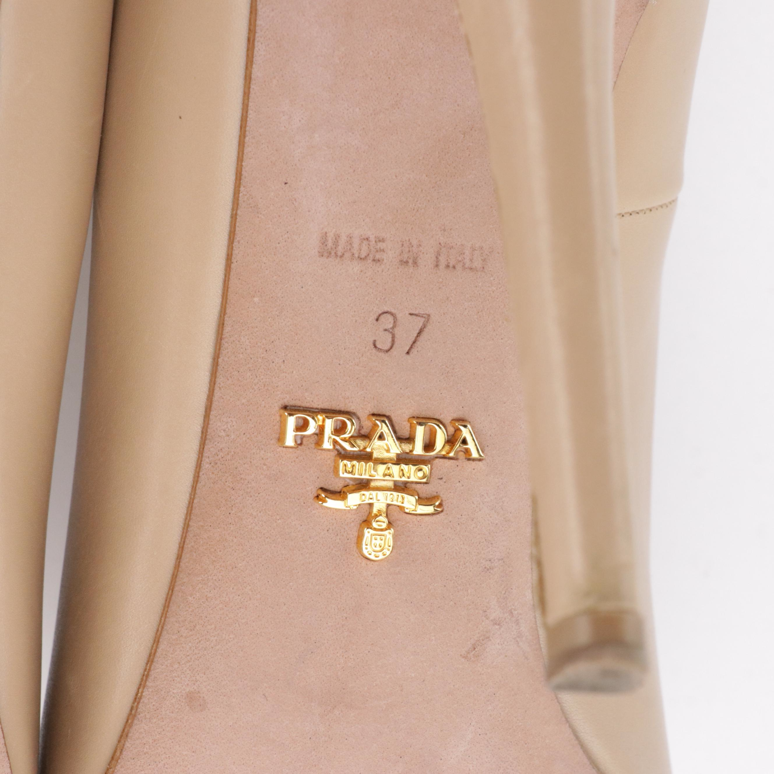 Prada Pointed-Toe Pumps Shoes in Smooth Beige Calfskin Leather