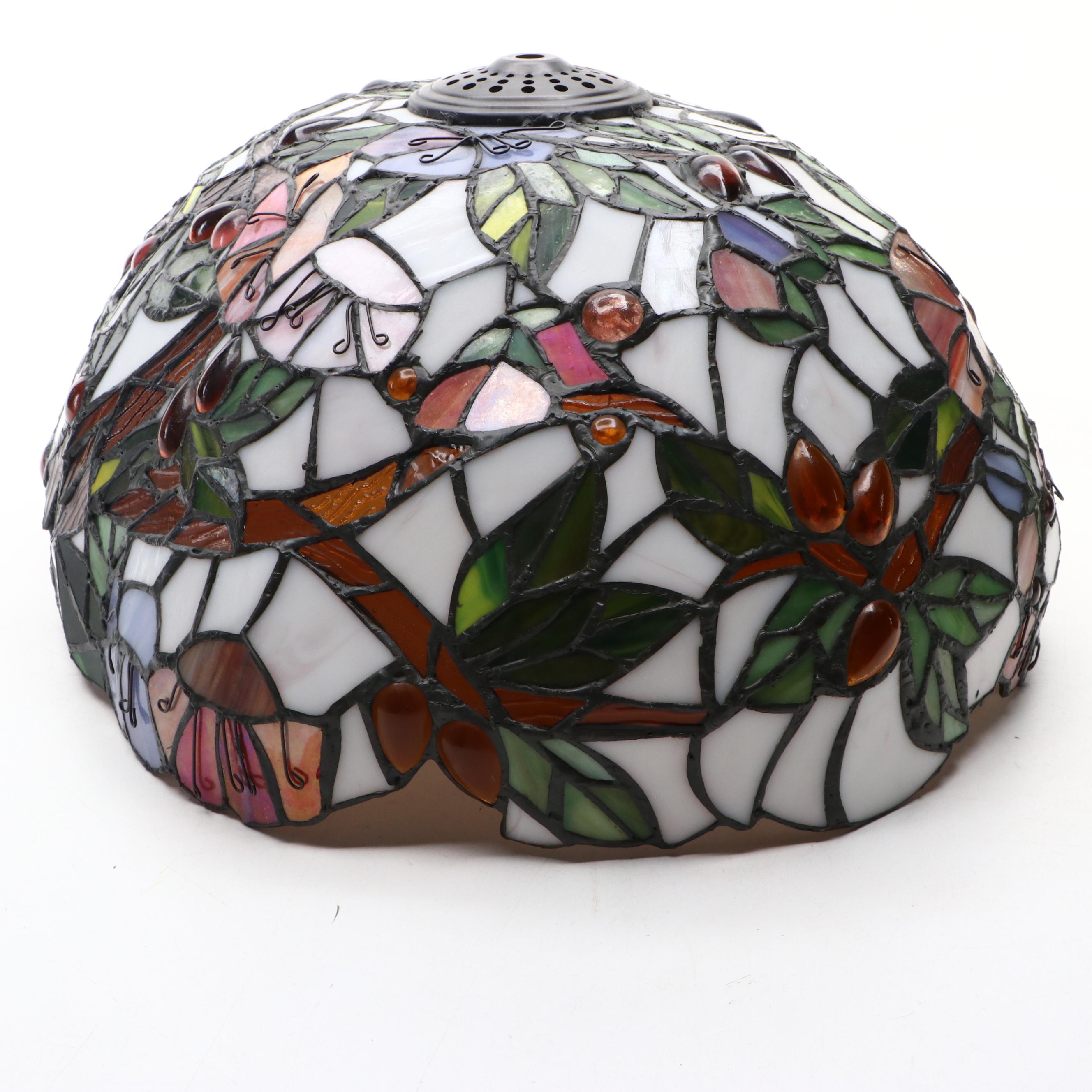 Art Nouveau Style Tree Branch Table Lamp with Slag Glass Birds and Shade