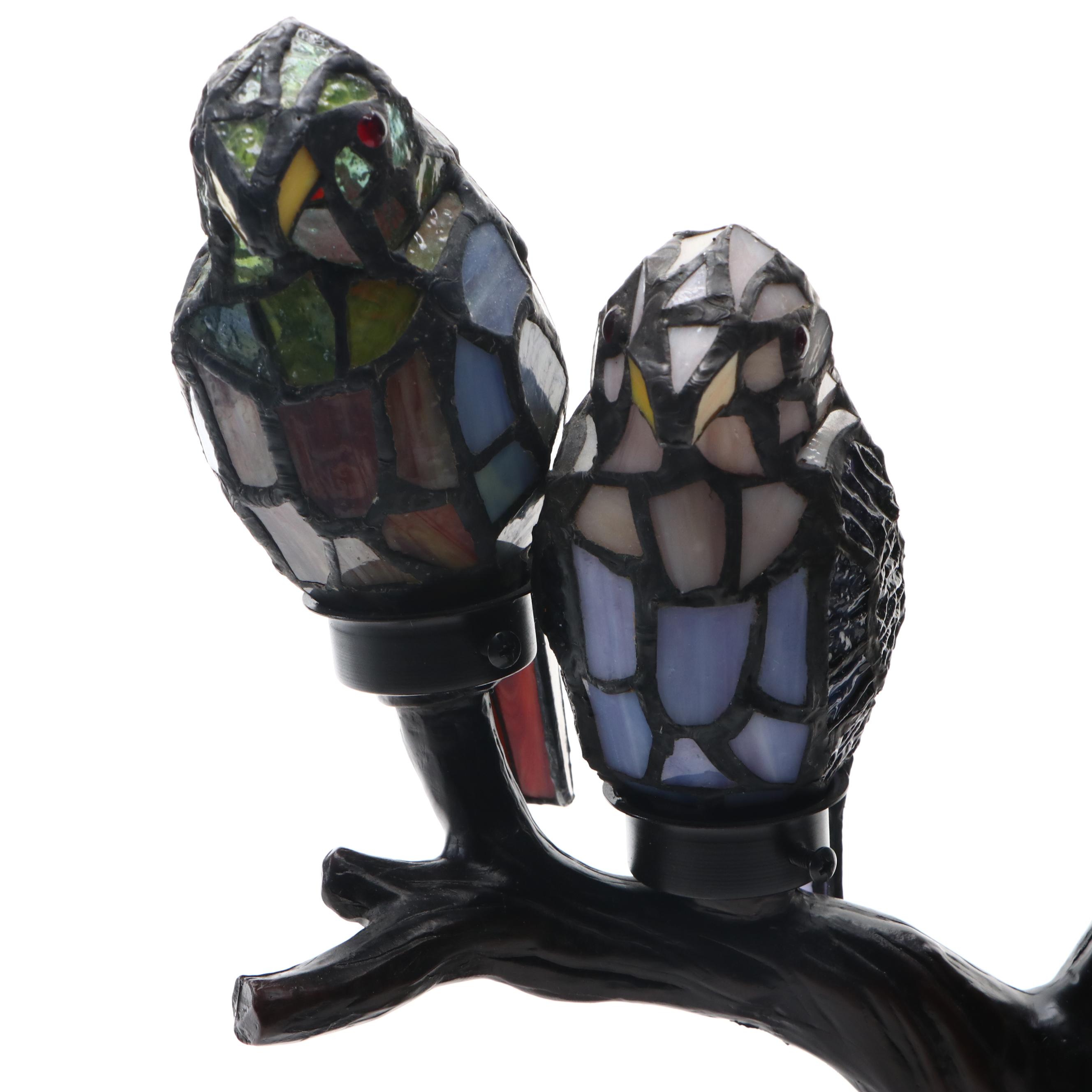 Art Nouveau Style Tree Branch Table Lamp with Slag Glass Birds and Shade