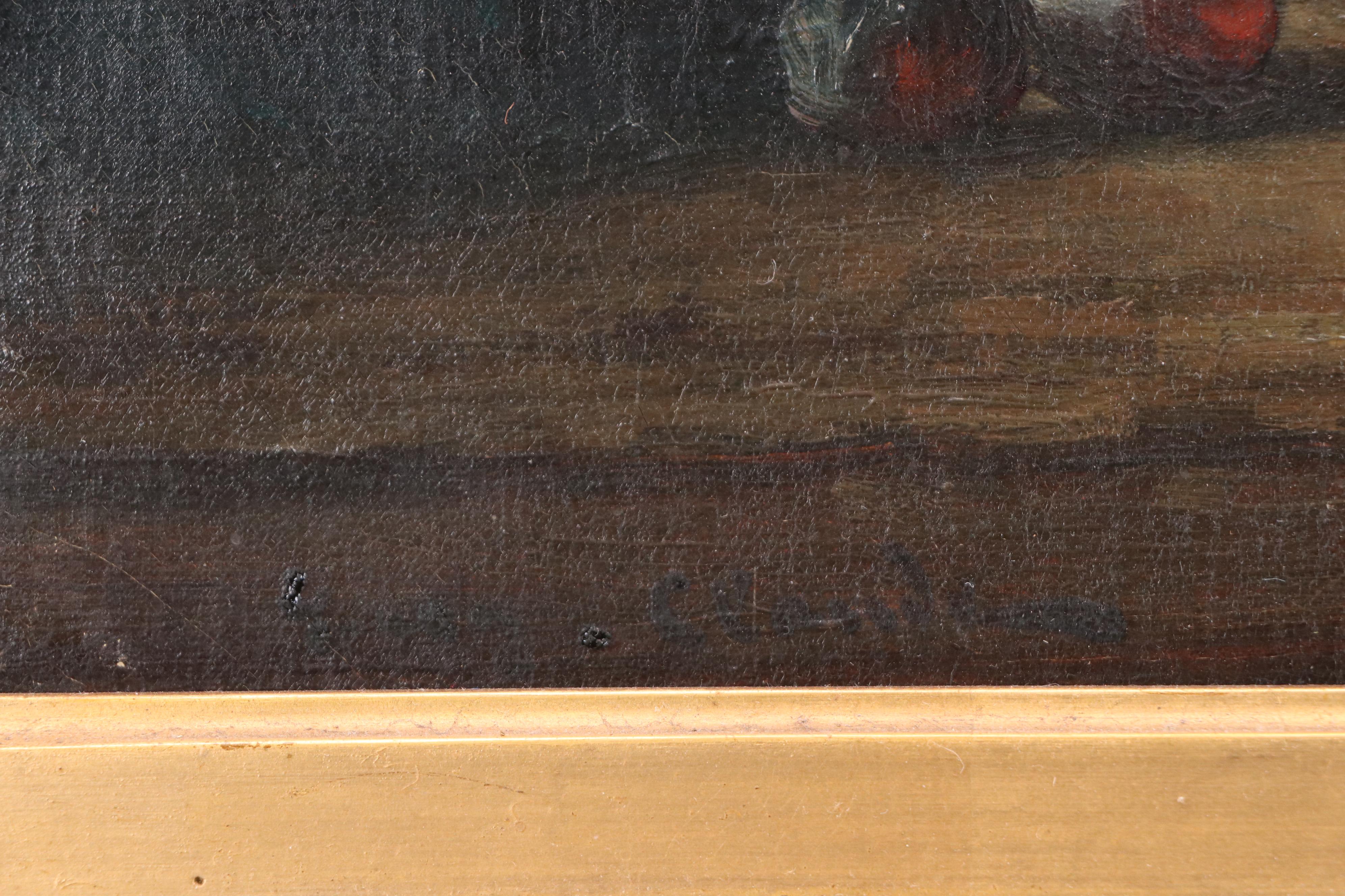 Eugène Claude Oil Painting of Still Life with Wine, Peaches, and Grapes, c. 1900