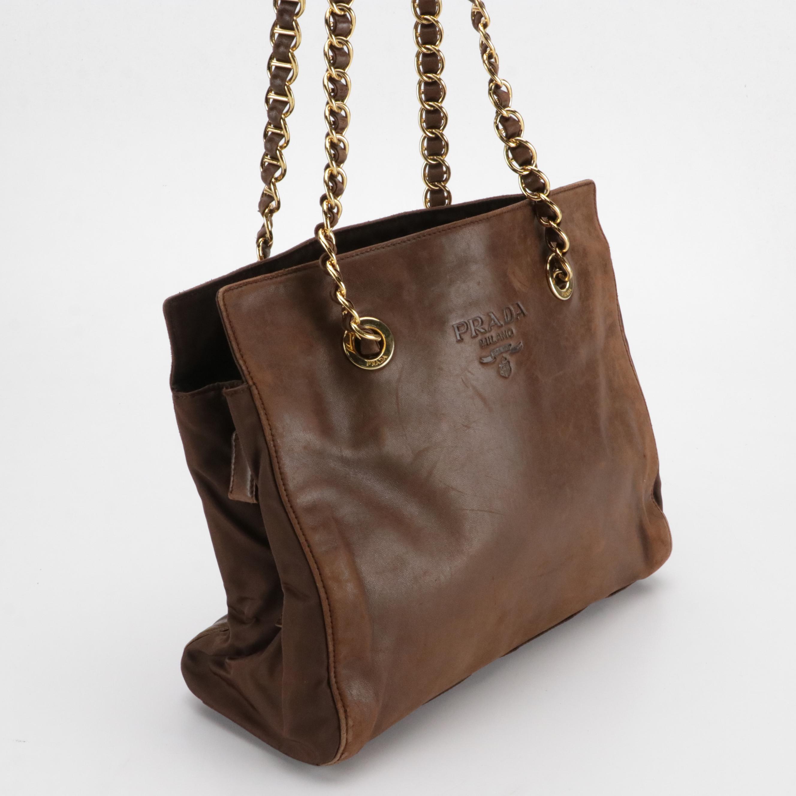 Prada Double Chain Shoulder Bag in Brown Leather and Nylon Canvas