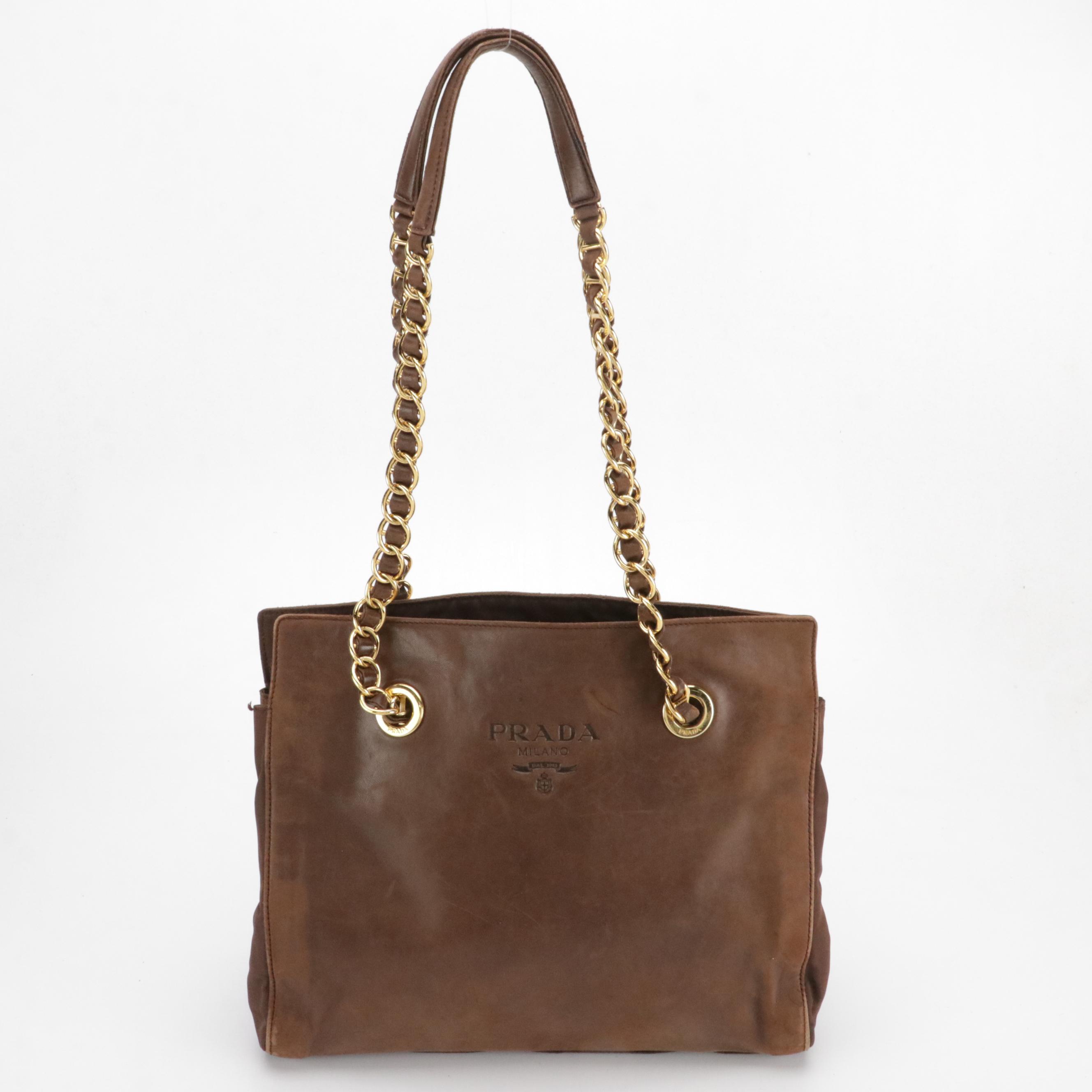 Prada Double Chain Shoulder Bag in Brown Leather and Nylon Canvas