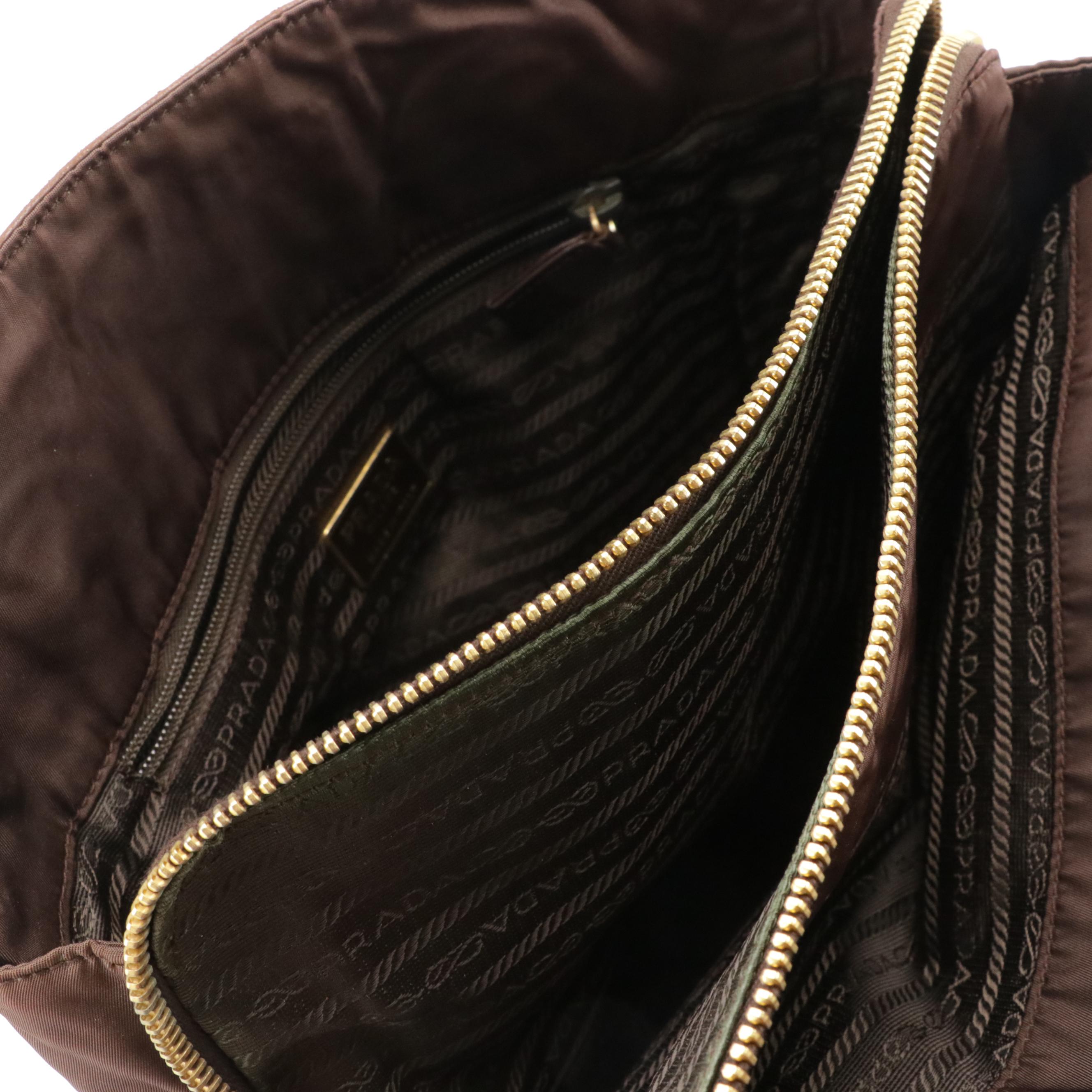 Prada Double Chain Shoulder Bag in Brown Leather and Nylon Canvas
