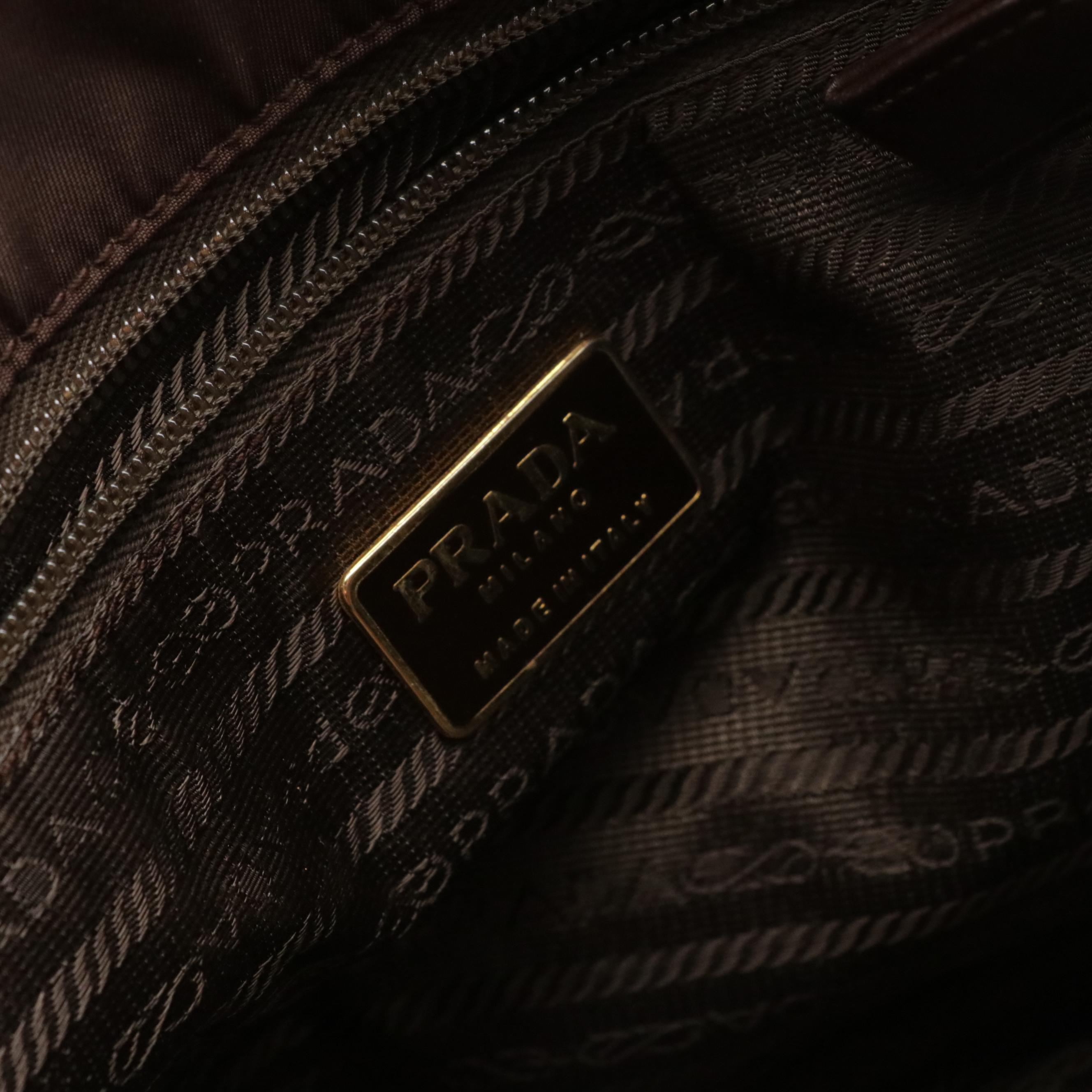 Prada Double Chain Shoulder Bag in Brown Leather and Nylon Canvas
