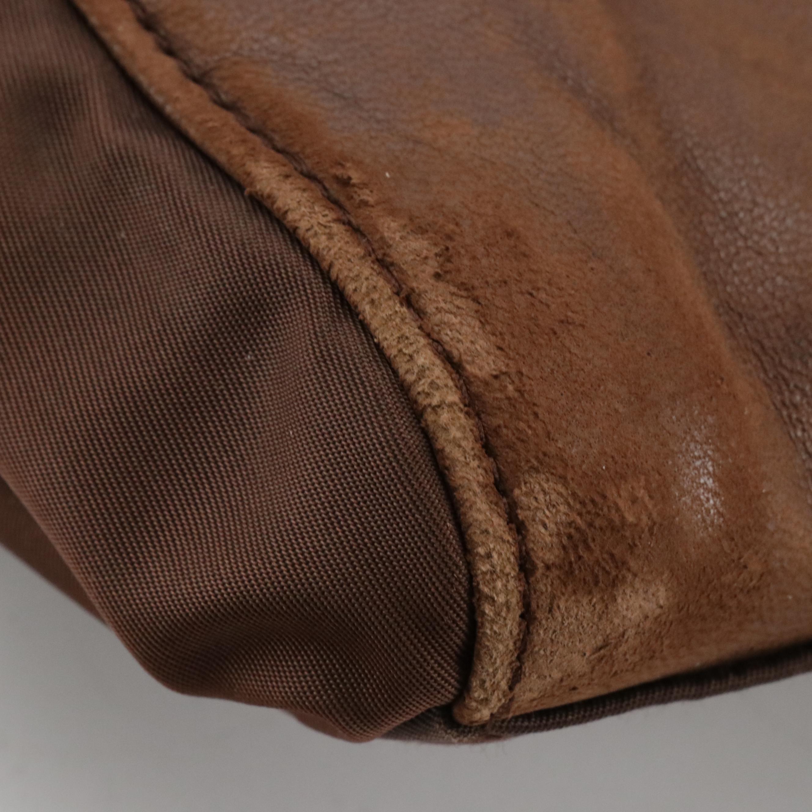 Prada Double Chain Shoulder Bag in Brown Leather and Nylon Canvas