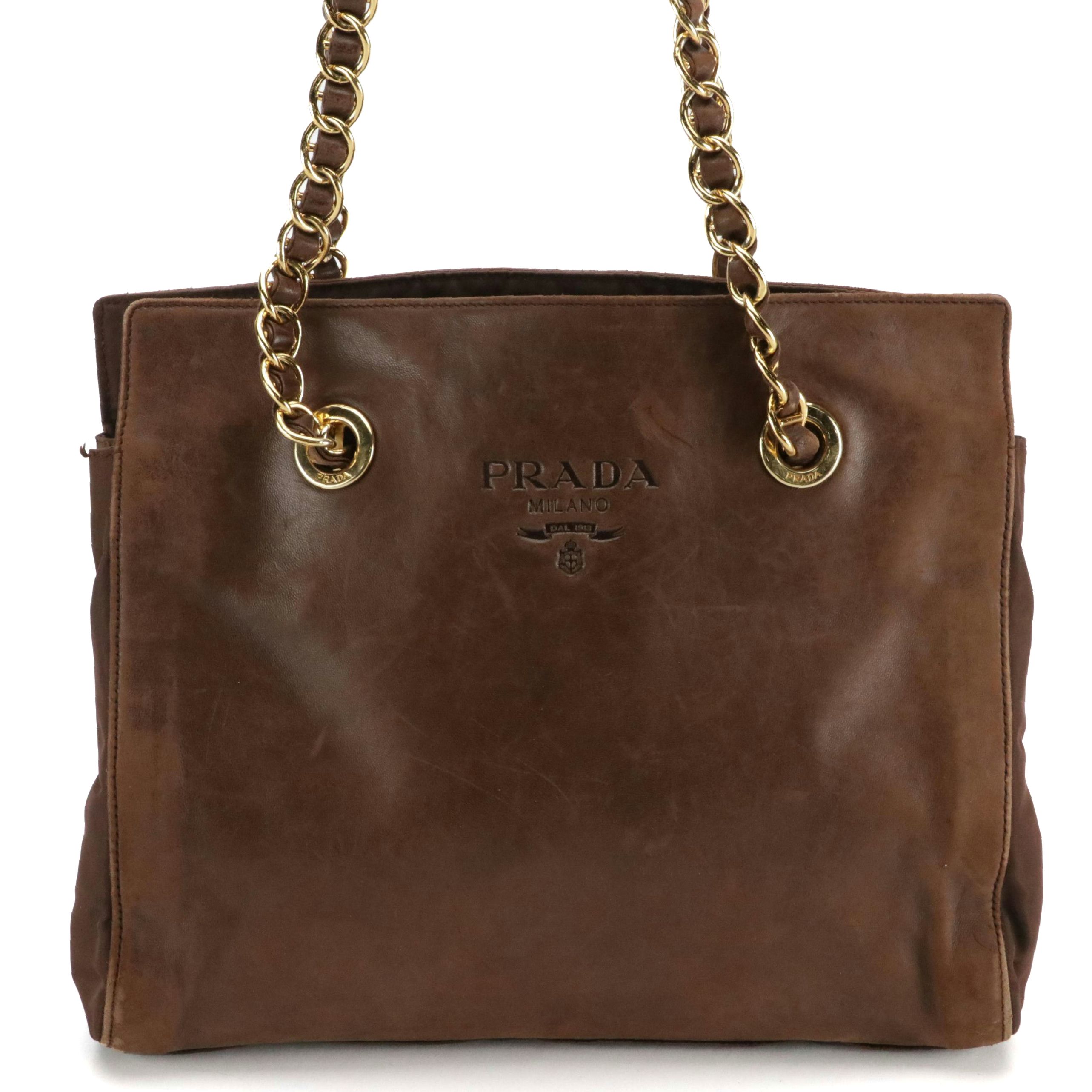 Prada Double Chain Shoulder Bag in Brown Leather and Nylon Canvas
