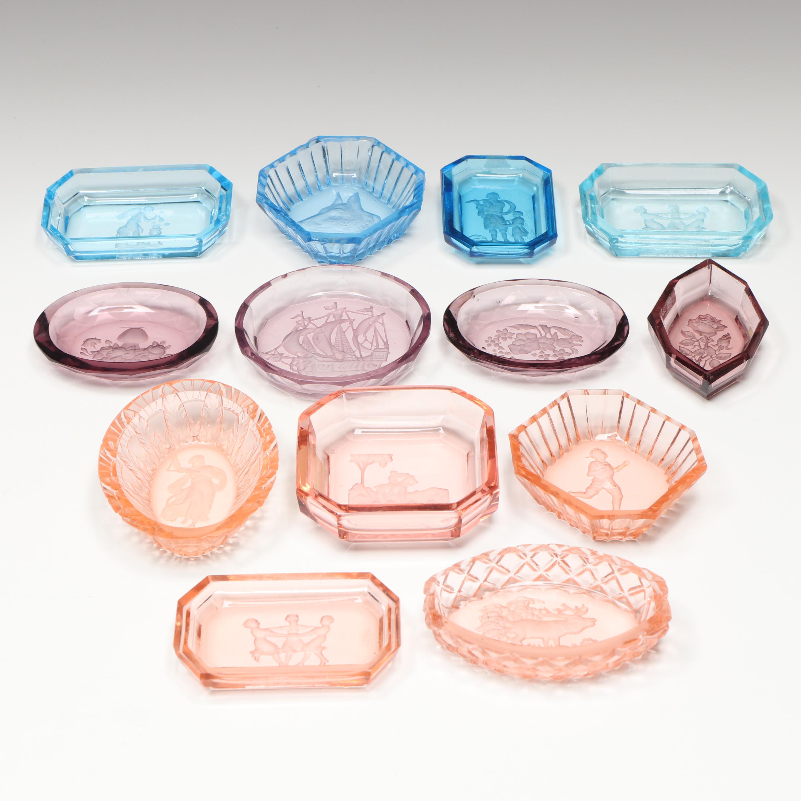 Art Deco Style Czechoslovakian Intaglio Glass Salt Cellars