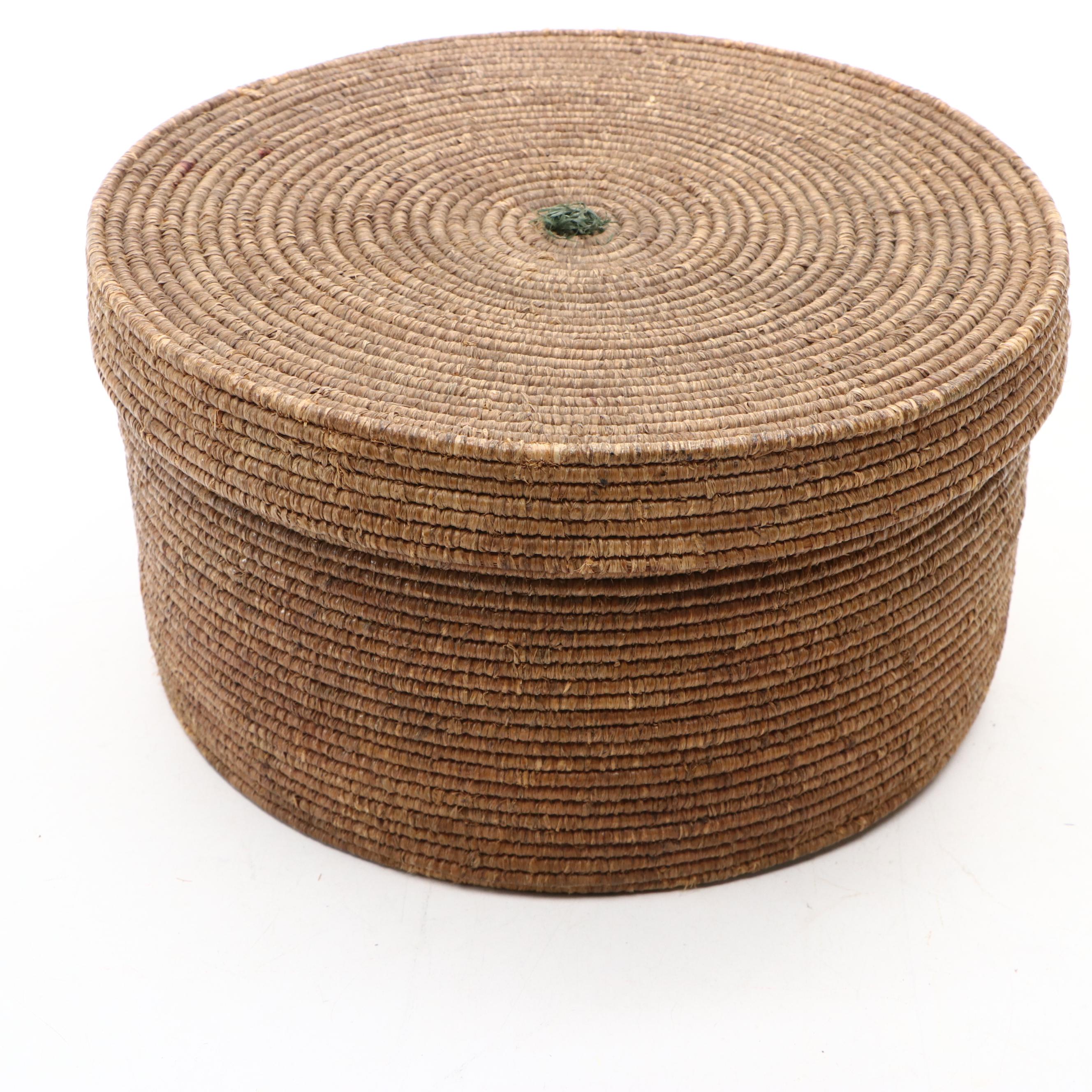 Handwoven Lidded Pine and Other Natural Material Coil Baskets
