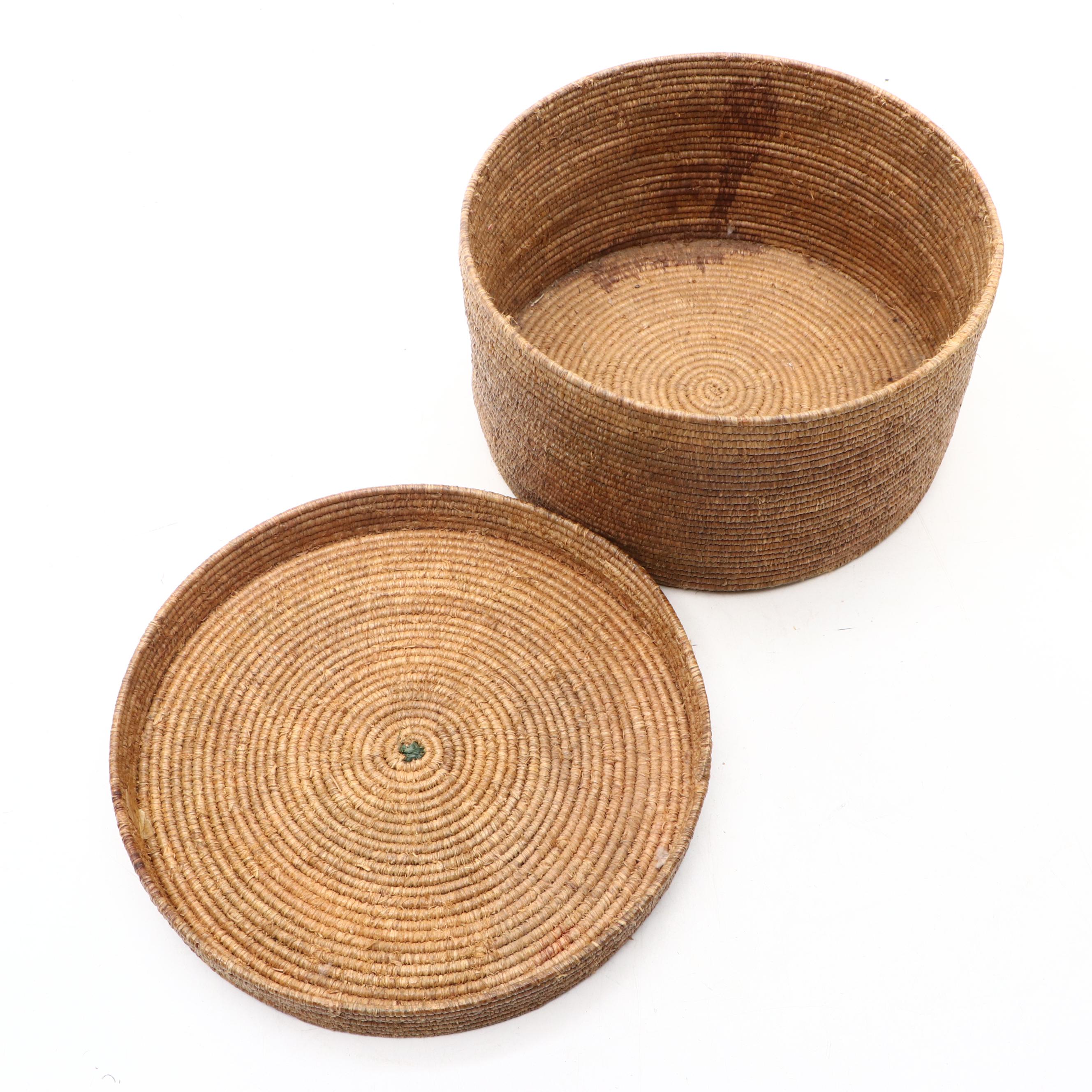 Handwoven Lidded Pine and Other Natural Material Coil Baskets