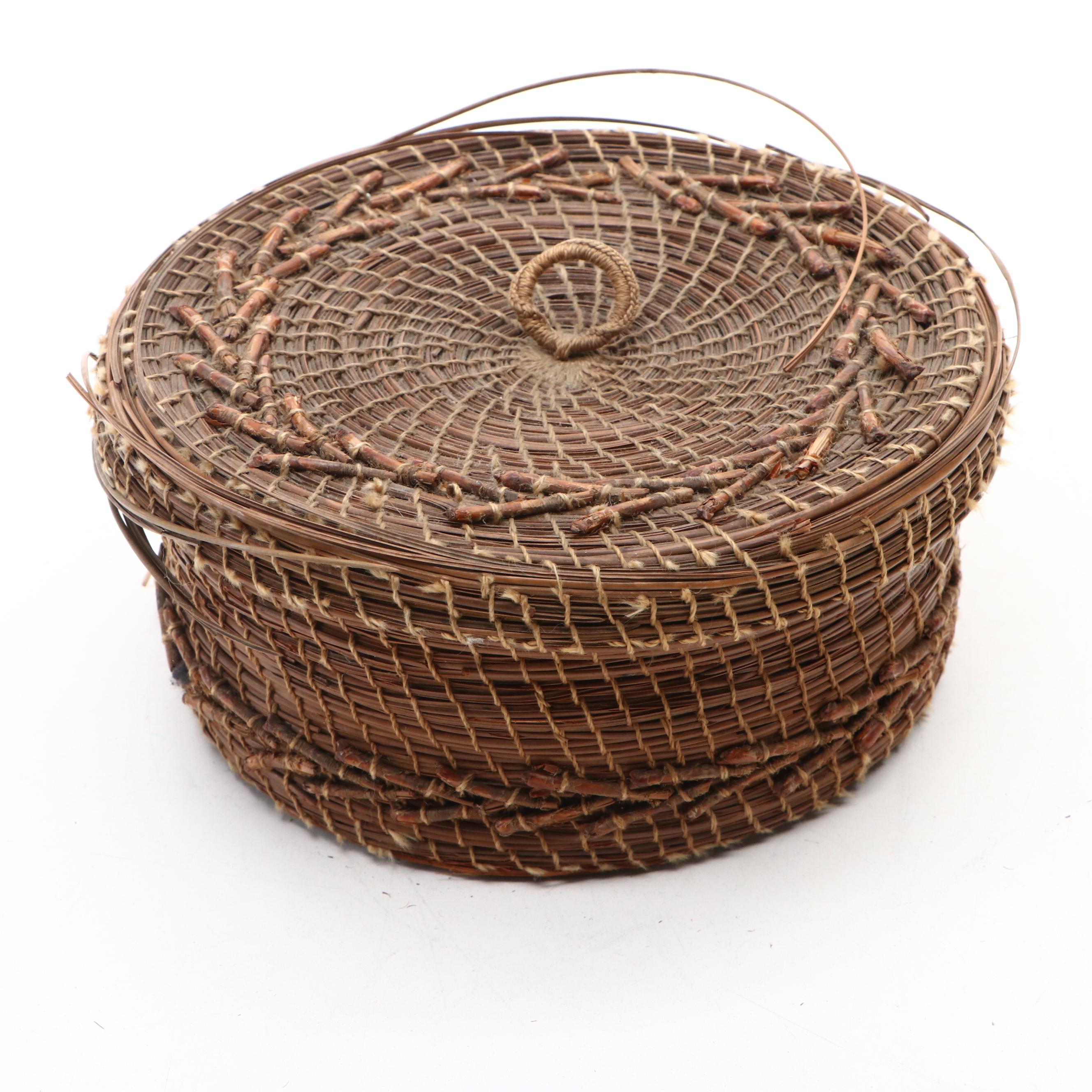 Handwoven Lidded Pine and Other Natural Material Coil Baskets
