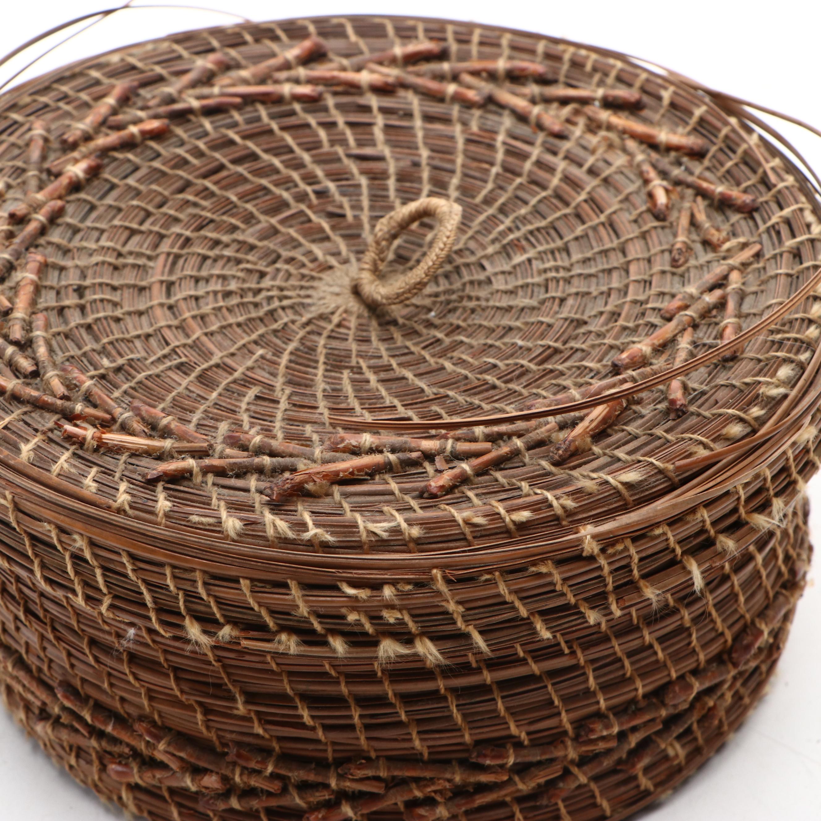 Handwoven Lidded Pine and Other Natural Material Coil Baskets