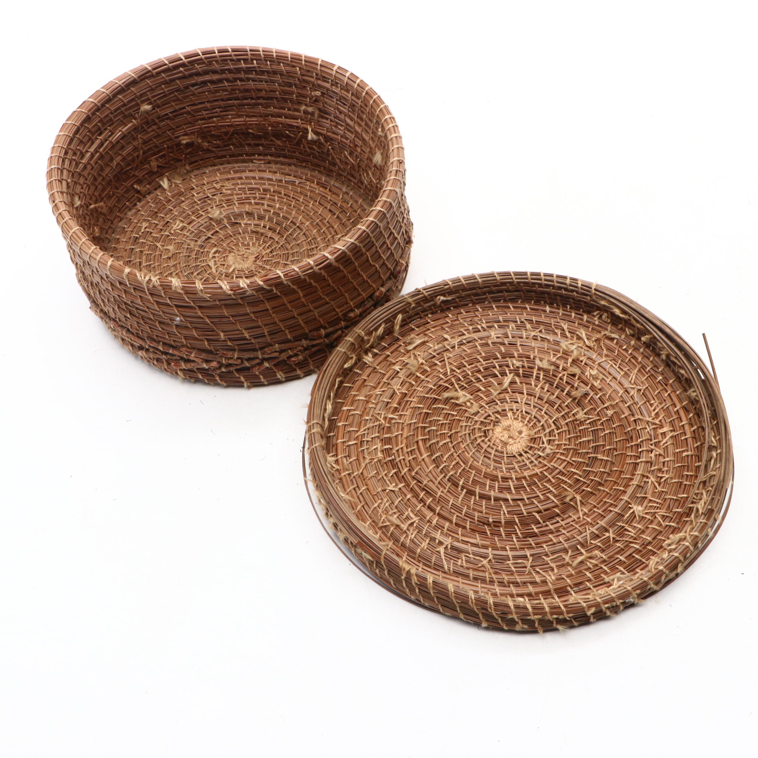 Handwoven Lidded Pine and Other Natural Material Coil Baskets