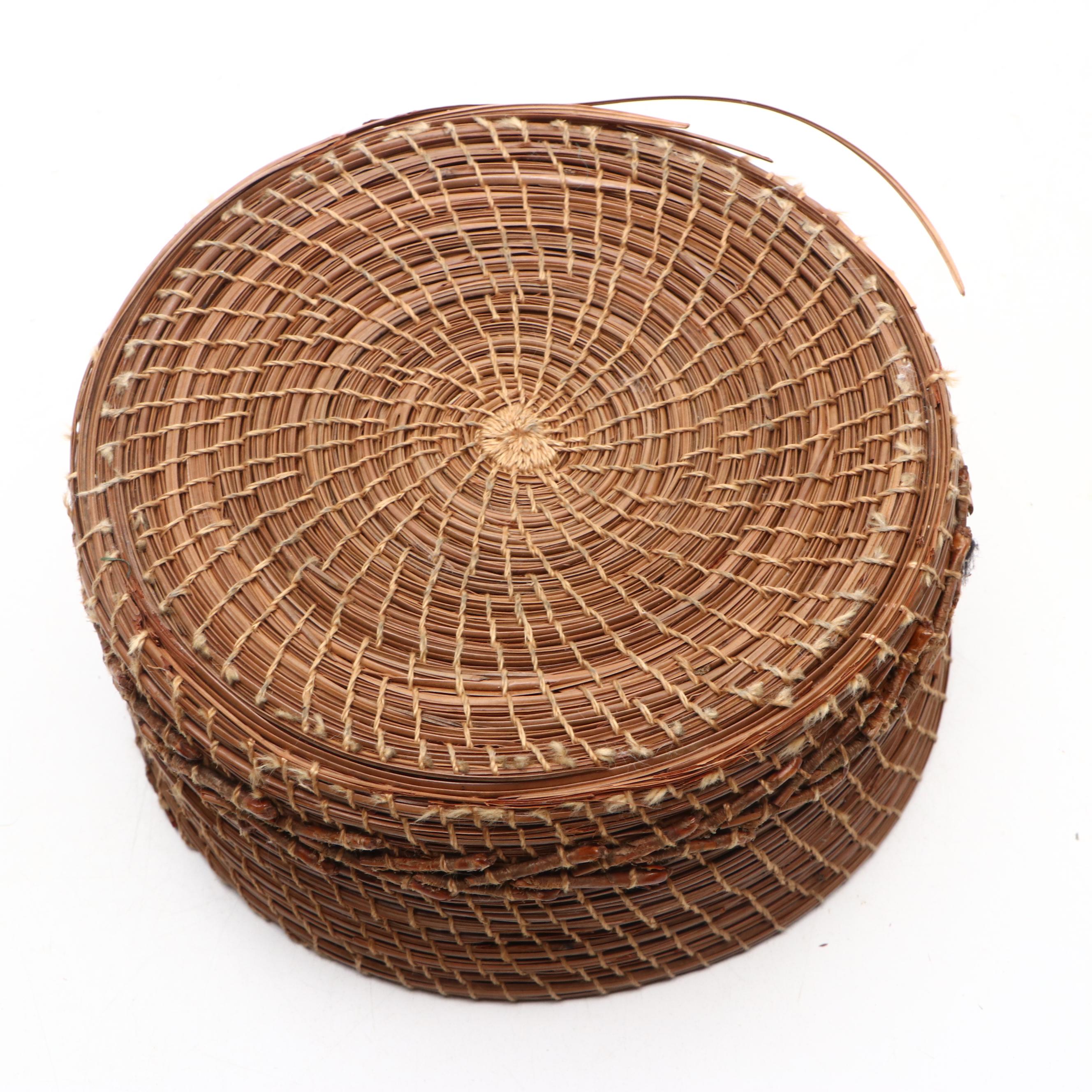 Handwoven Lidded Pine and Other Natural Material Coil Baskets