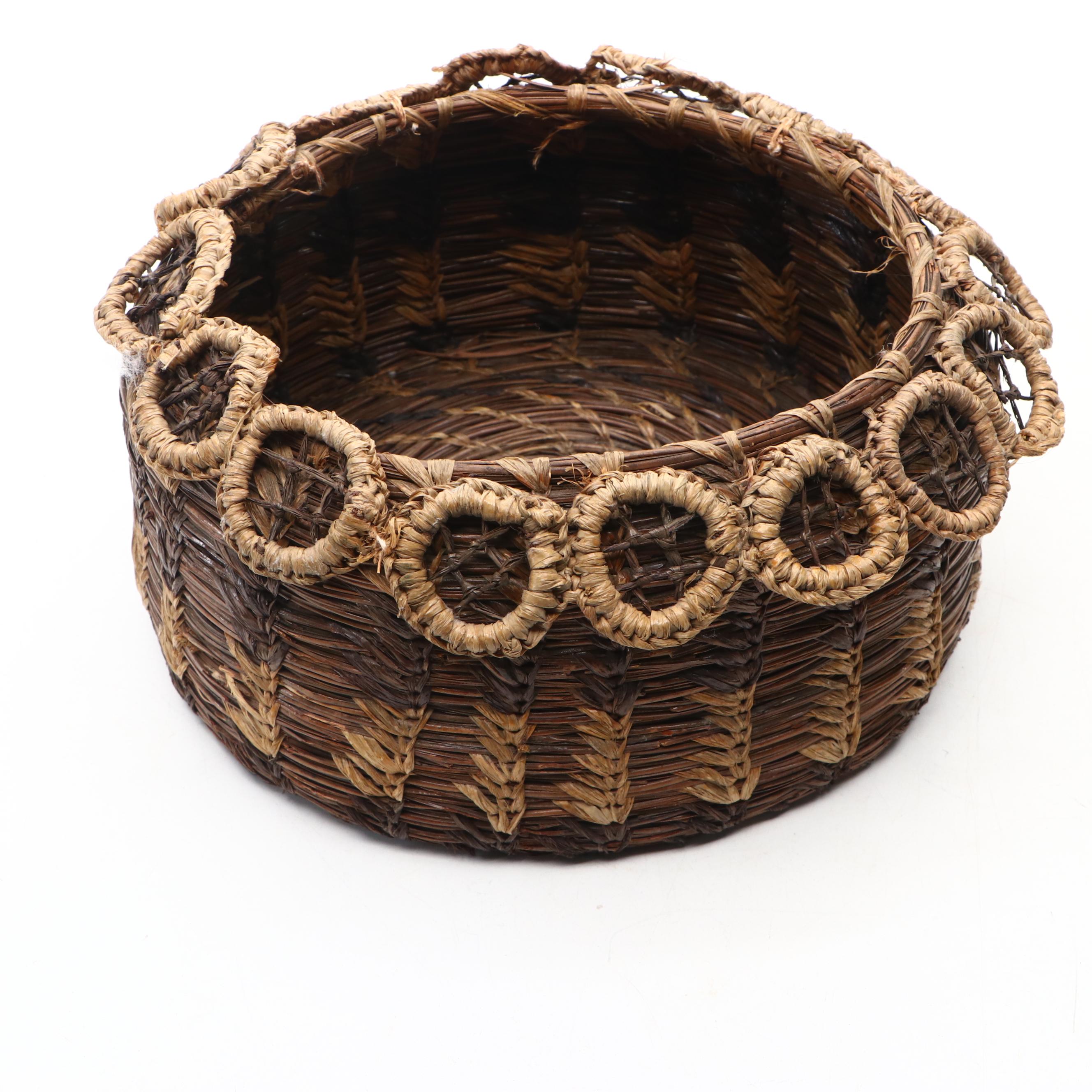 Handwoven Lidded Pine and Other Natural Material Coil Baskets