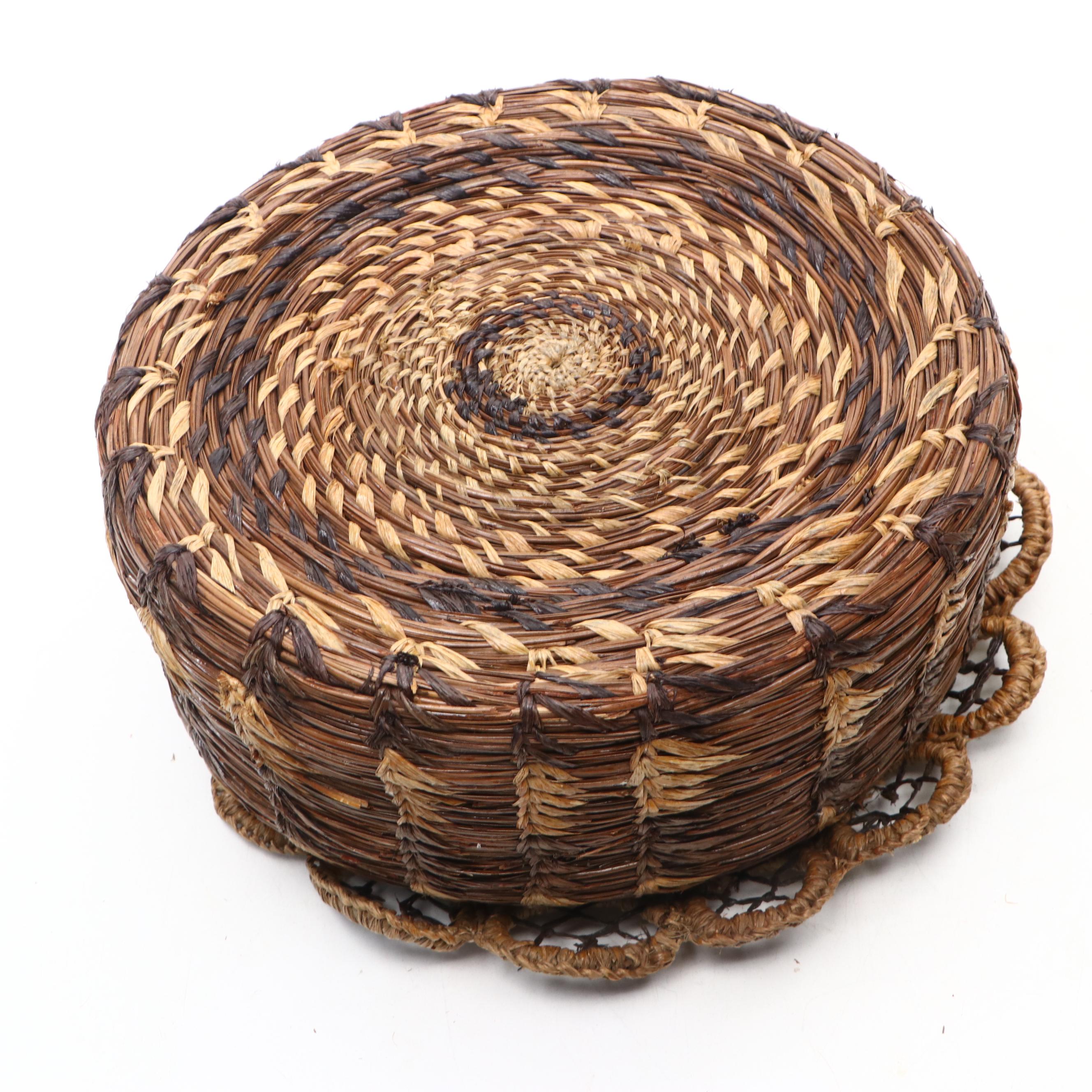 Handwoven Lidded Pine and Other Natural Material Coil Baskets