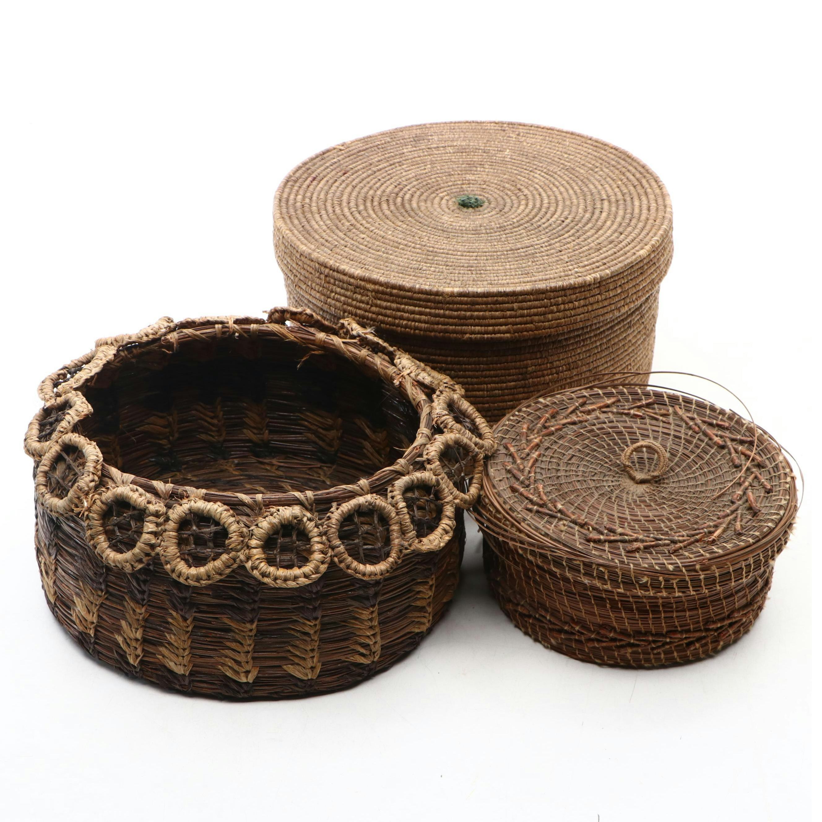 Handwoven Lidded Pine and Other Natural Material Coil Baskets