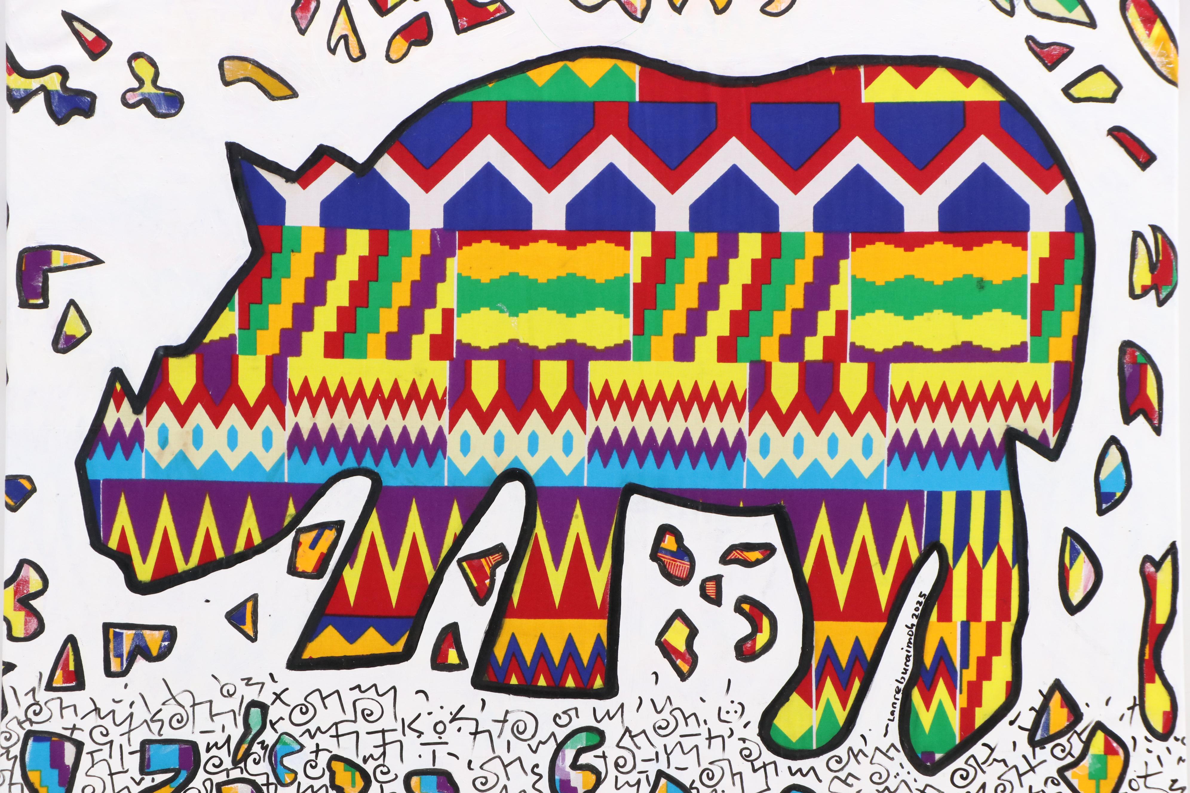 Lanre Buraimoh Stylized Mixed Media Painting "Decorated Bear," 2025