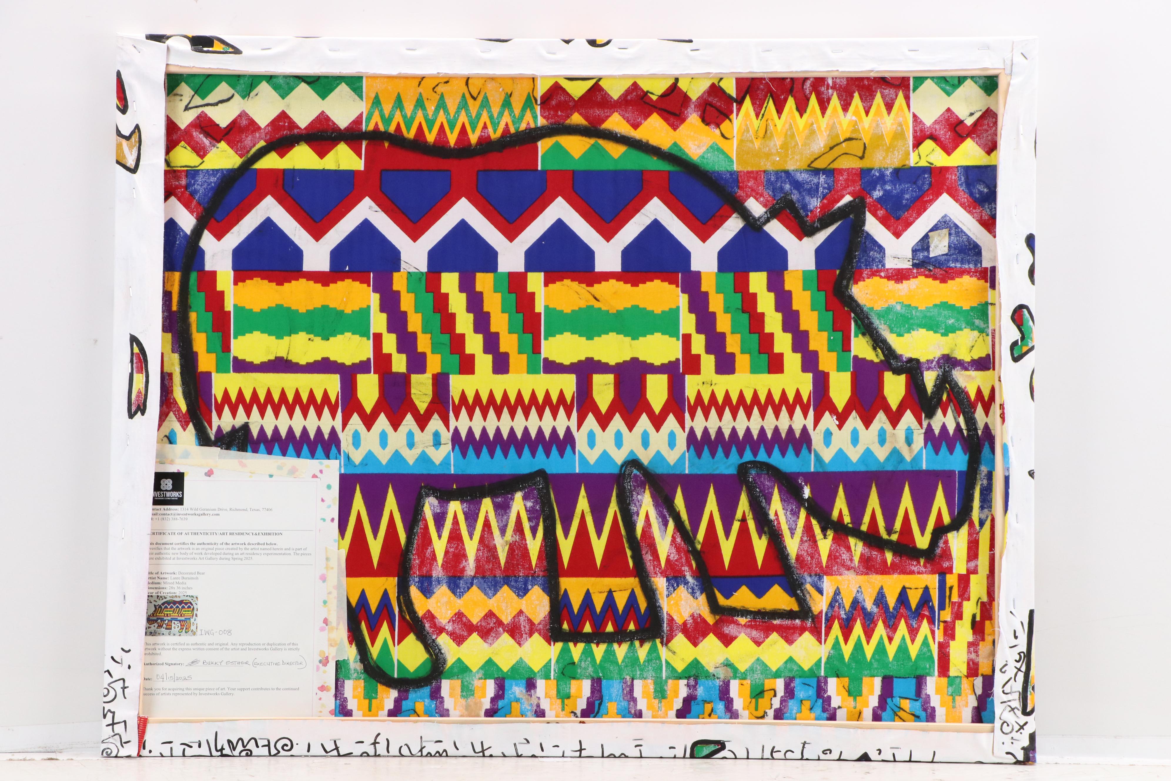 Lanre Buraimoh Stylized Mixed Media Painting "Decorated Bear," 2025