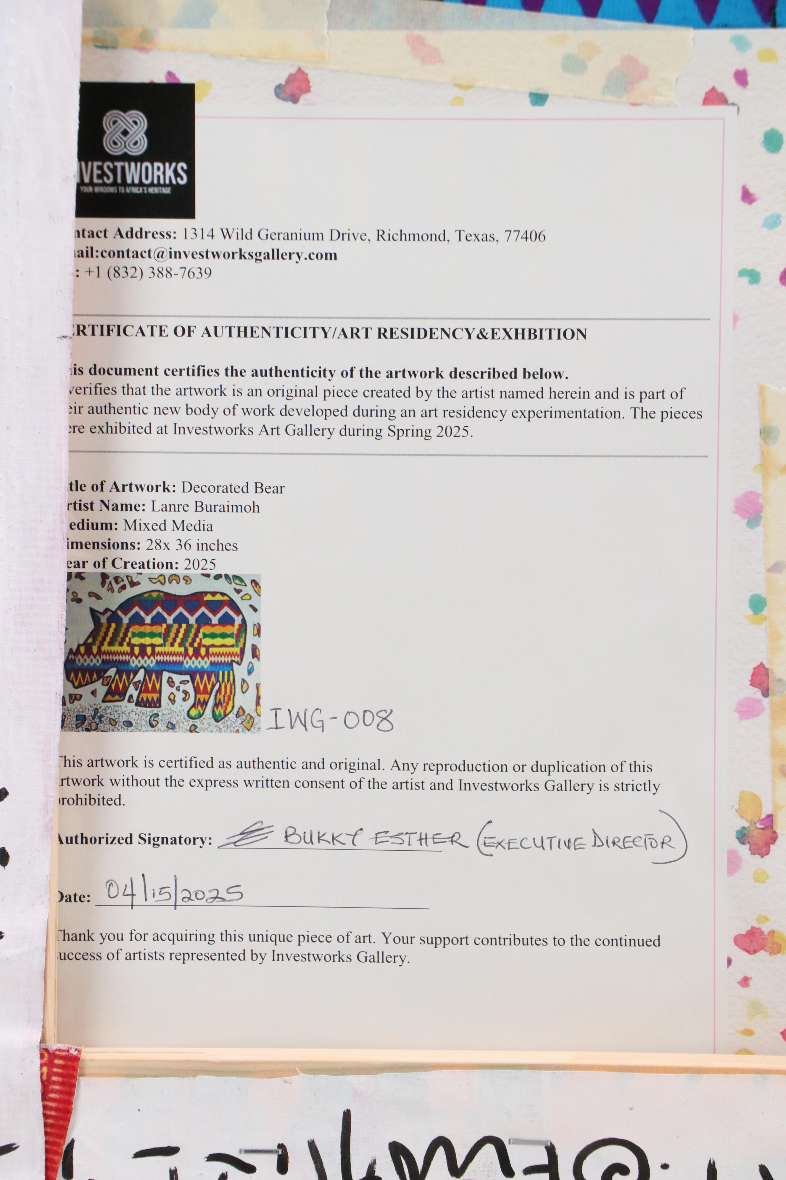 Lanre Buraimoh Stylized Mixed Media Painting "Decorated Bear," 2025