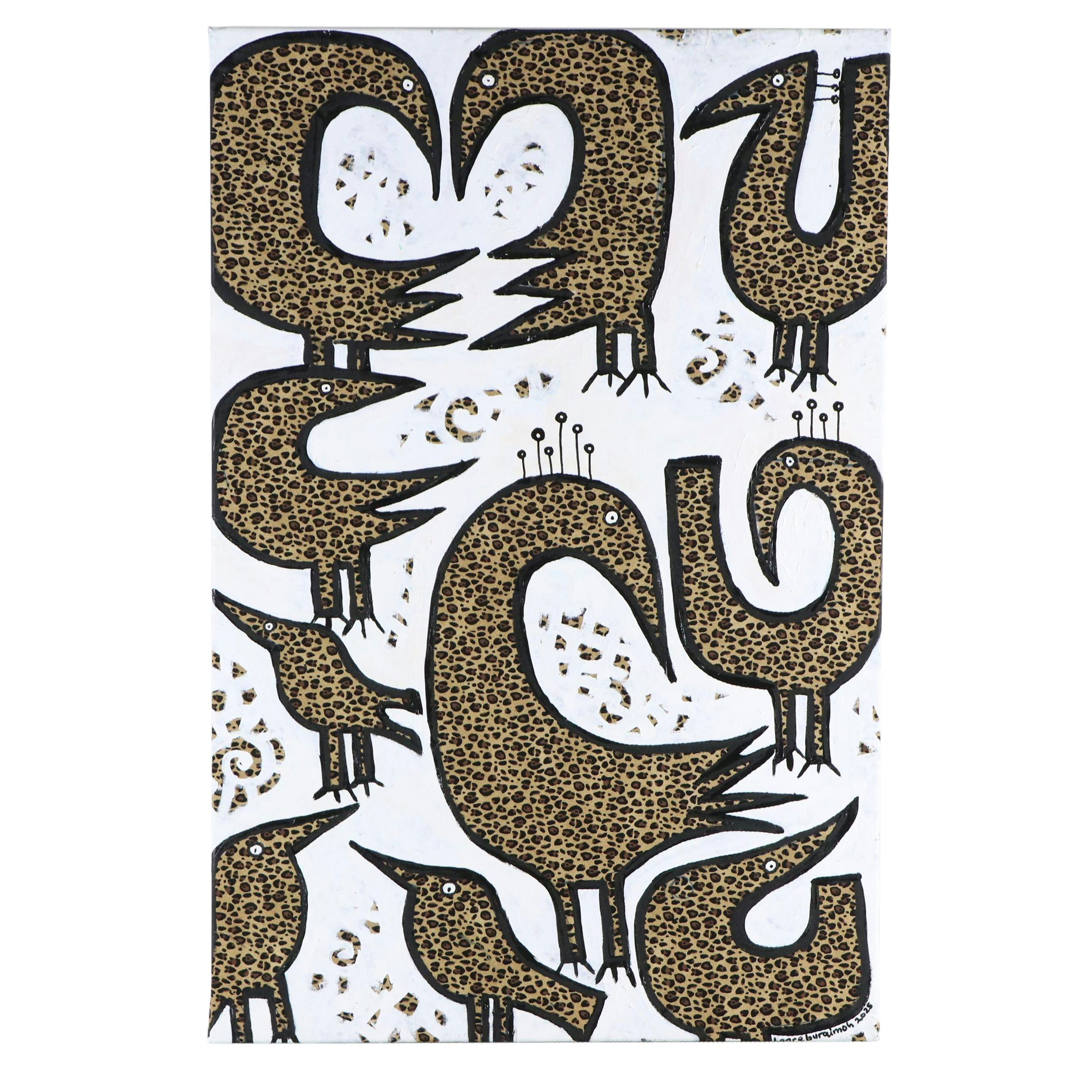 Lanre Buraimoh Stylized Mixed Media Painting "Birds Kingdom IV," 2025