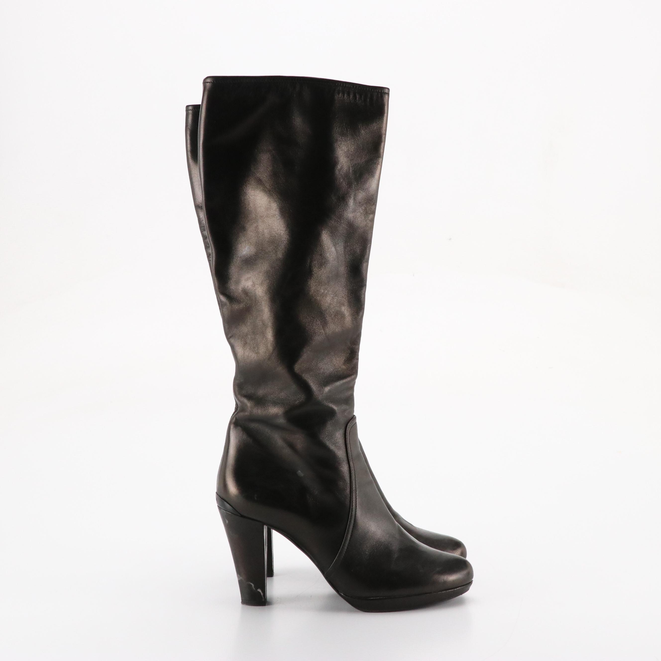 Prada Black Leather Knee-High Heeled Boots