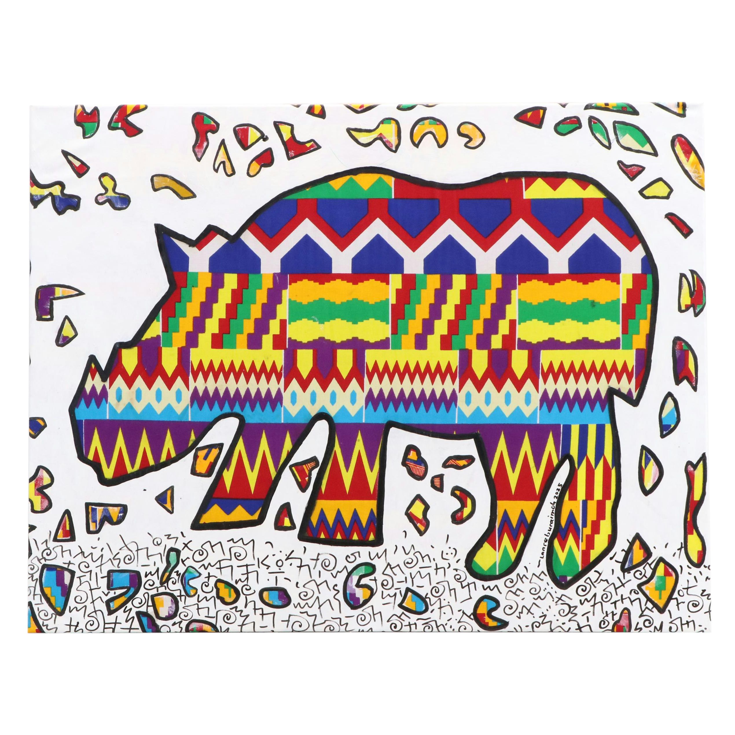 Lanre Buraimoh Stylized Mixed Media Painting "Decorated Bear," 2025