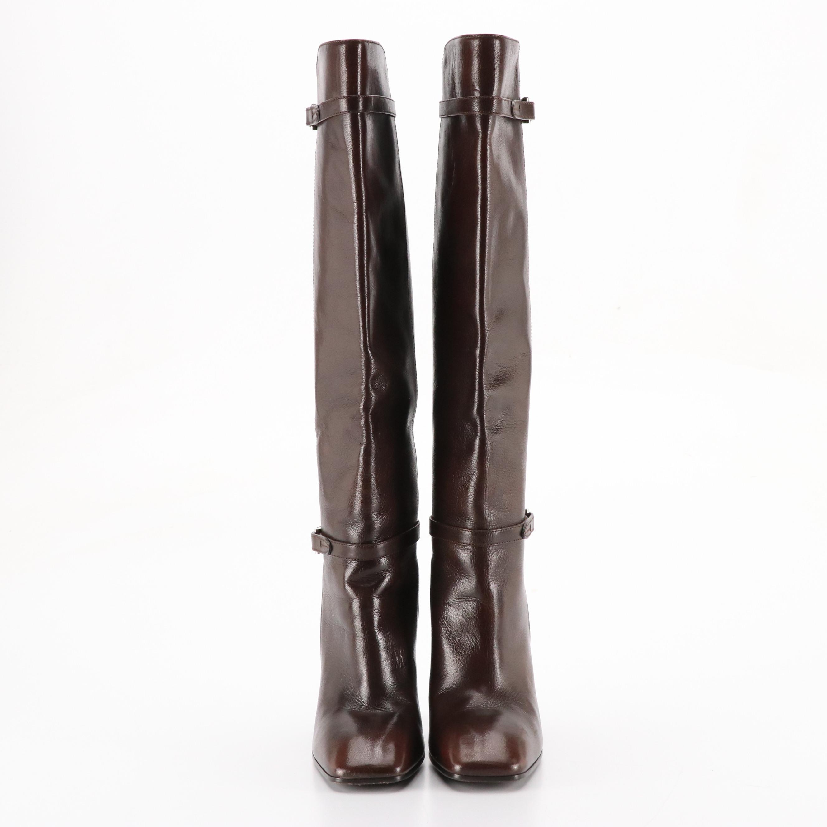 Prada Knee-High Buckle Strap Boots in Shiny Chocolate Brown Leather