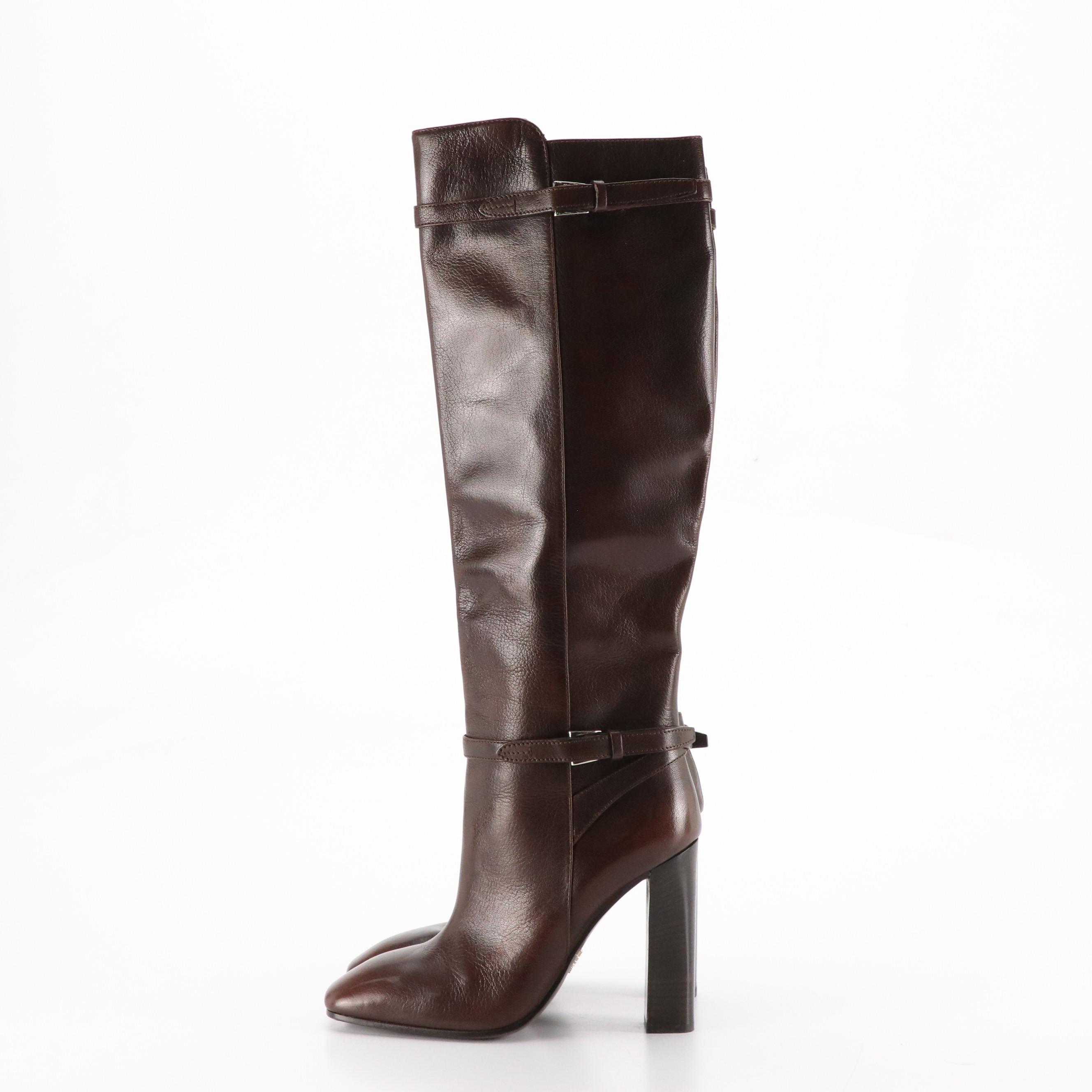 Prada Knee-High Buckle Strap Boots in Shiny Chocolate Brown Leather