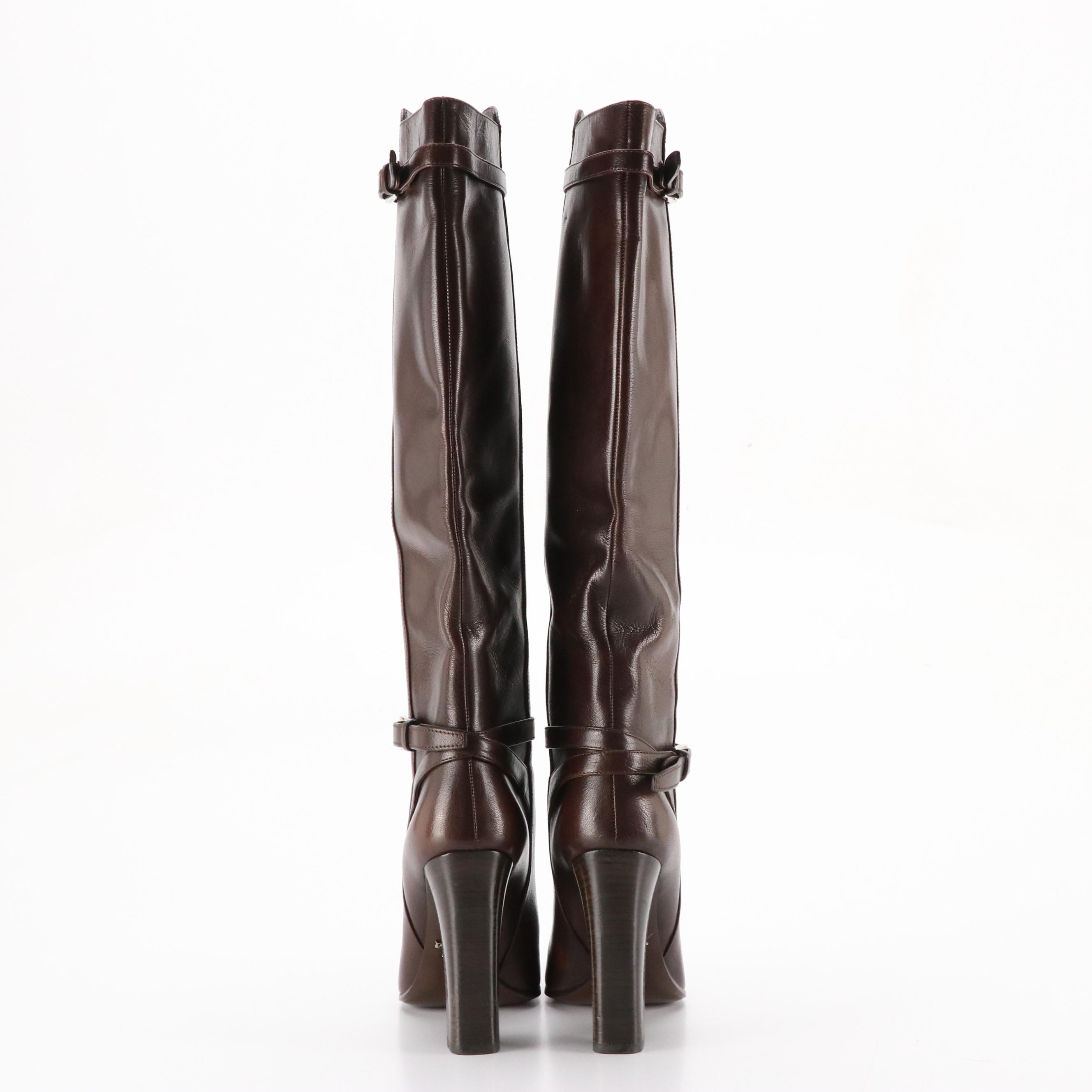 Prada Knee-High Buckle Strap Boots in Shiny Chocolate Brown Leather