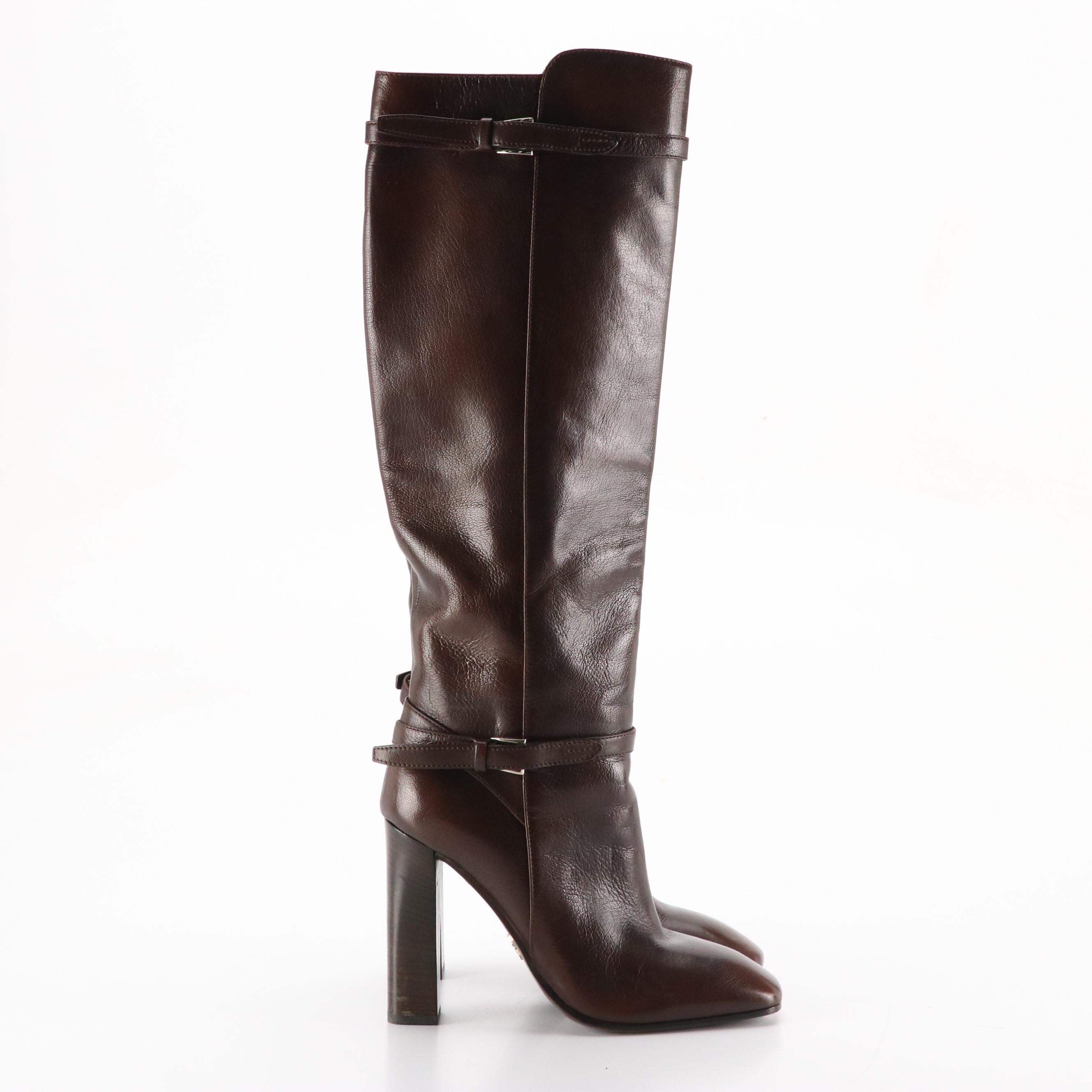 Prada Knee-High Buckle Strap Boots in Shiny Chocolate Brown Leather