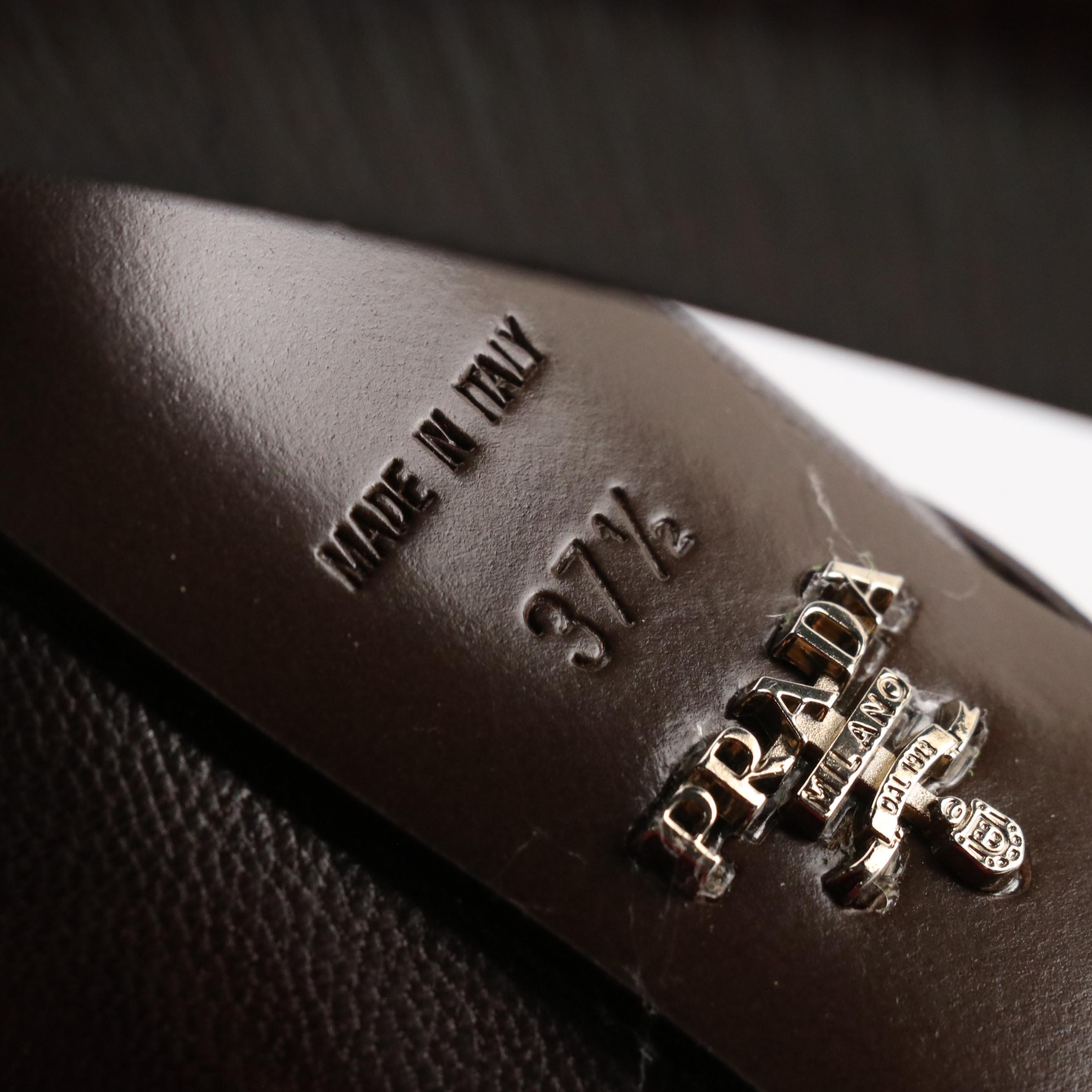 Prada Knee-High Buckle Strap Boots in Shiny Chocolate Brown Leather