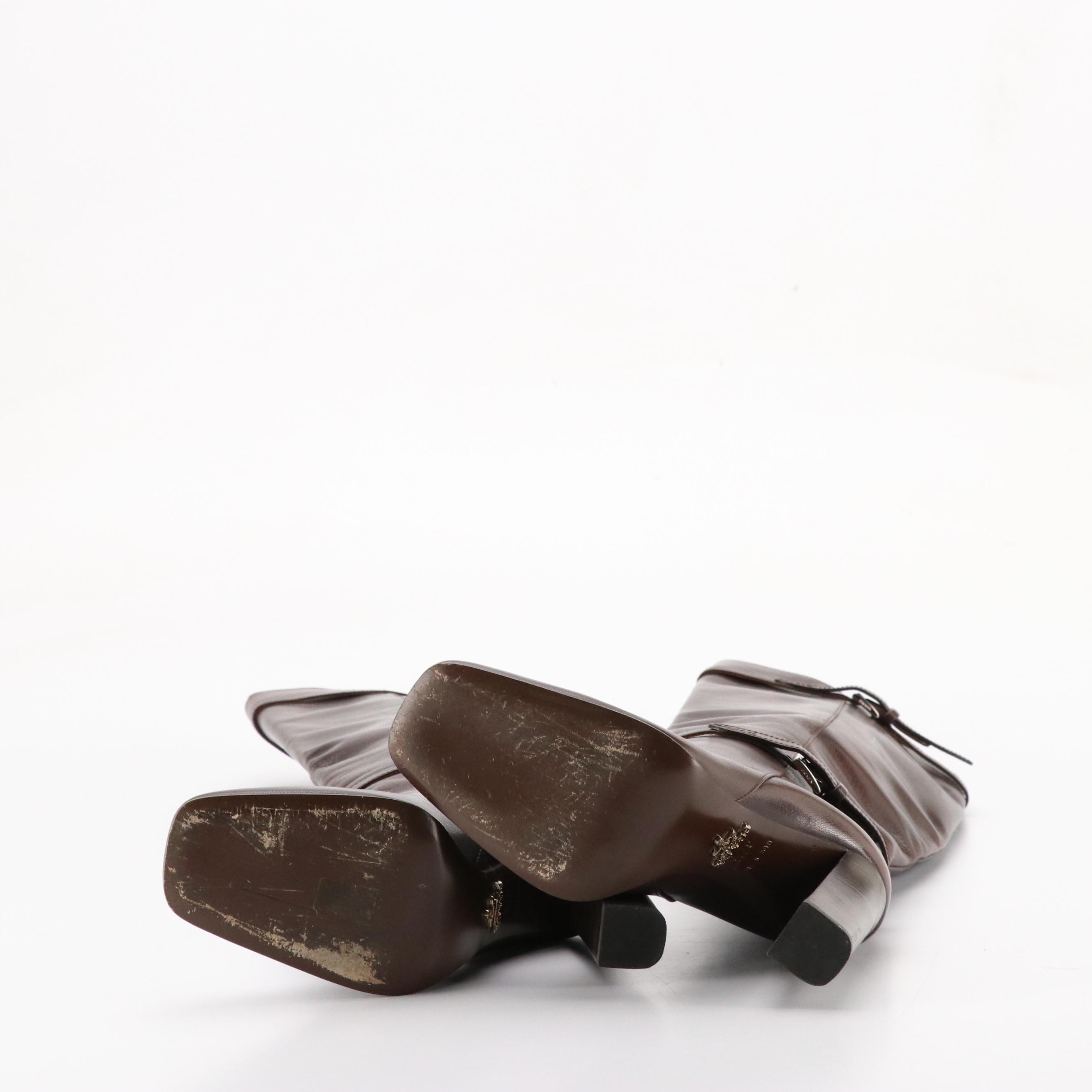 Prada Knee-High Buckle Strap Boots in Shiny Chocolate Brown Leather