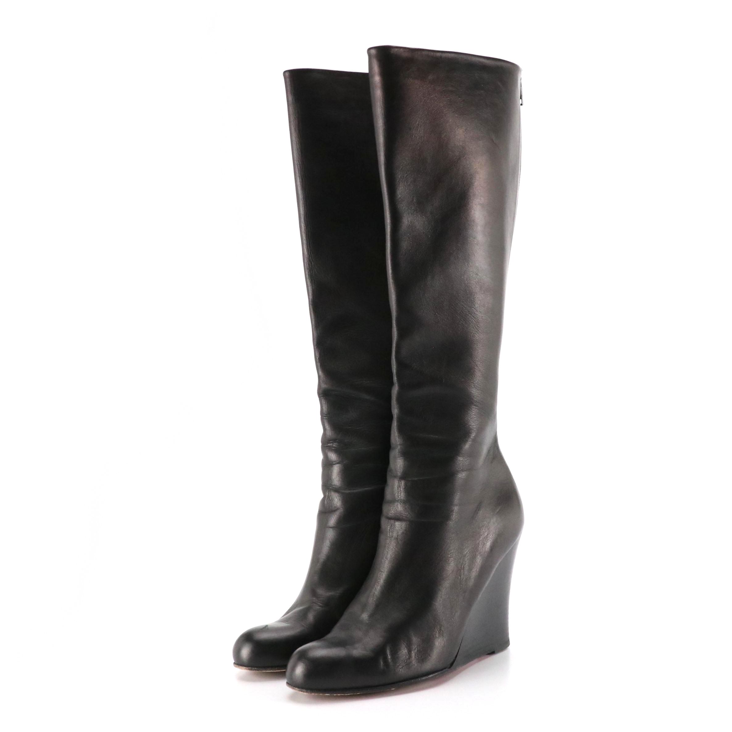 Christian Louboutin Wedge Knee-High Boots in Black Leather