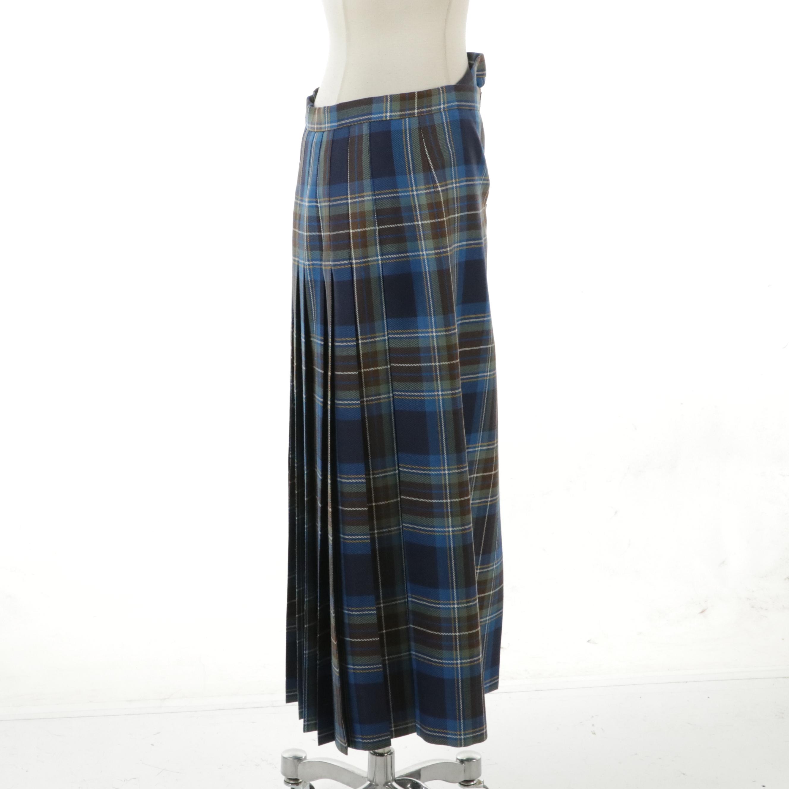 Prada Brown and Blue Tartan Wool Wrap Skirt with Buckle Details
